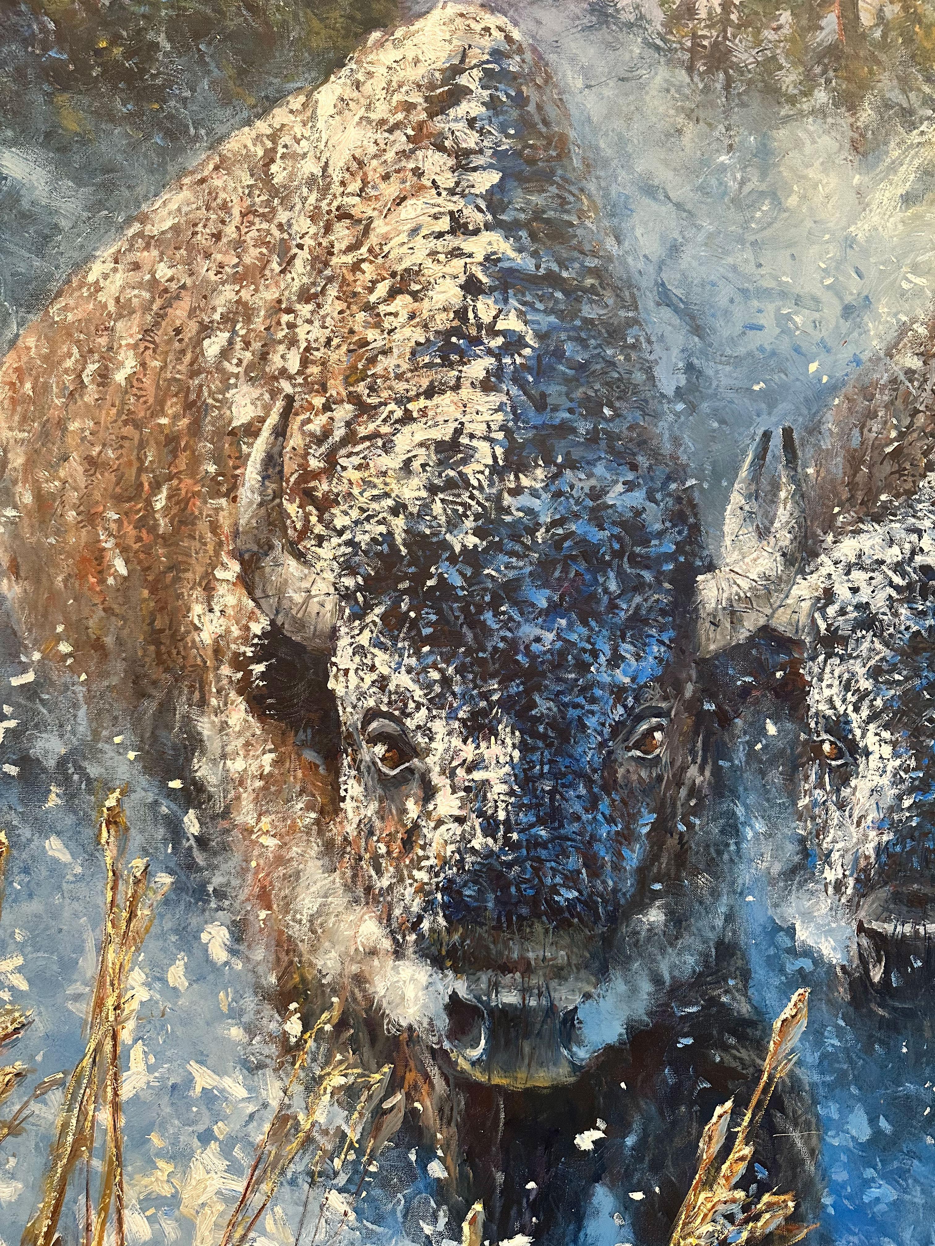 «lowing Ahead », Robert Hagan, 101x58, huile, western, impressionnisme, Buffalo en vente 6