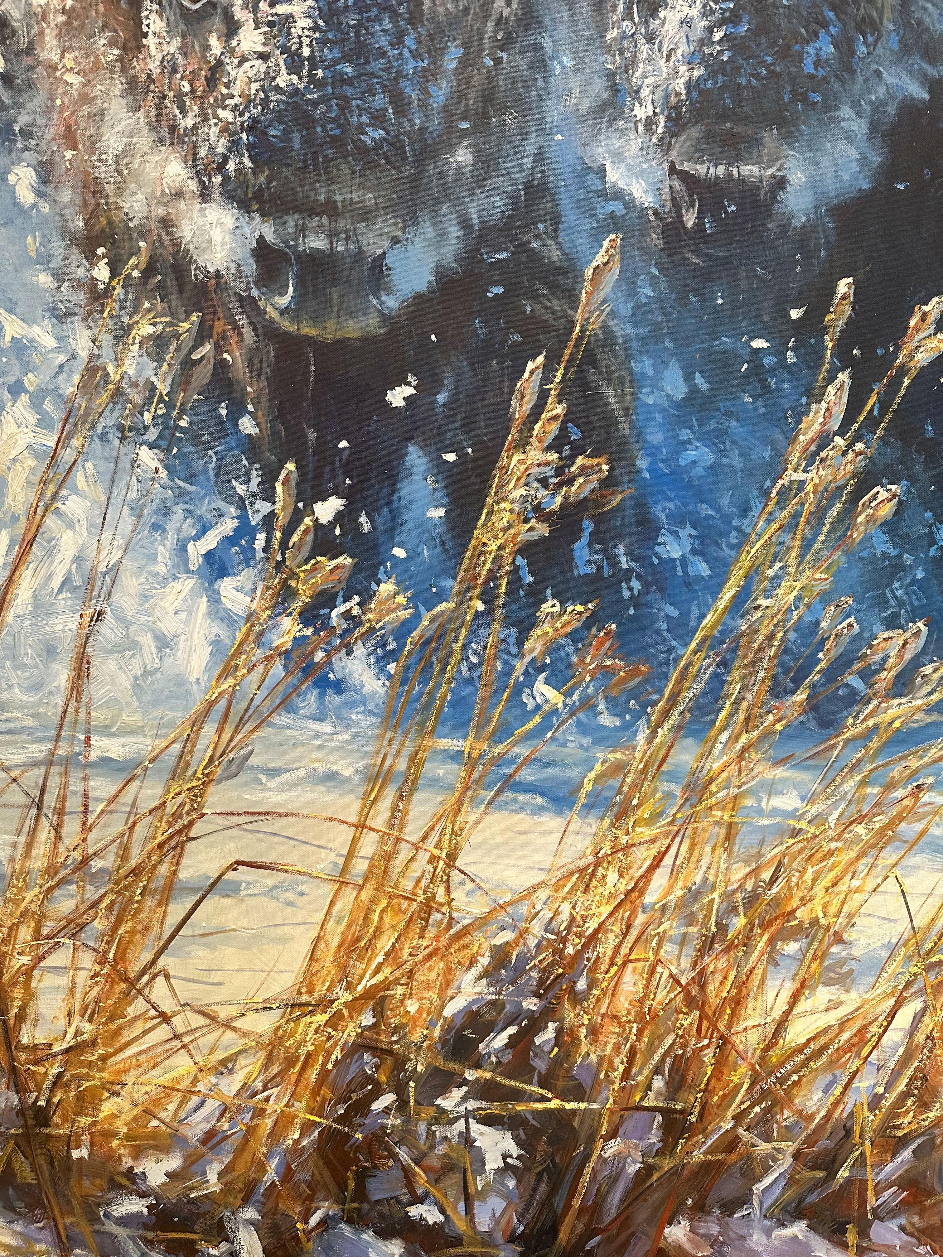 «lowing Ahead », Robert Hagan, 101x58, huile, western, impressionnisme, Buffalo en vente 8