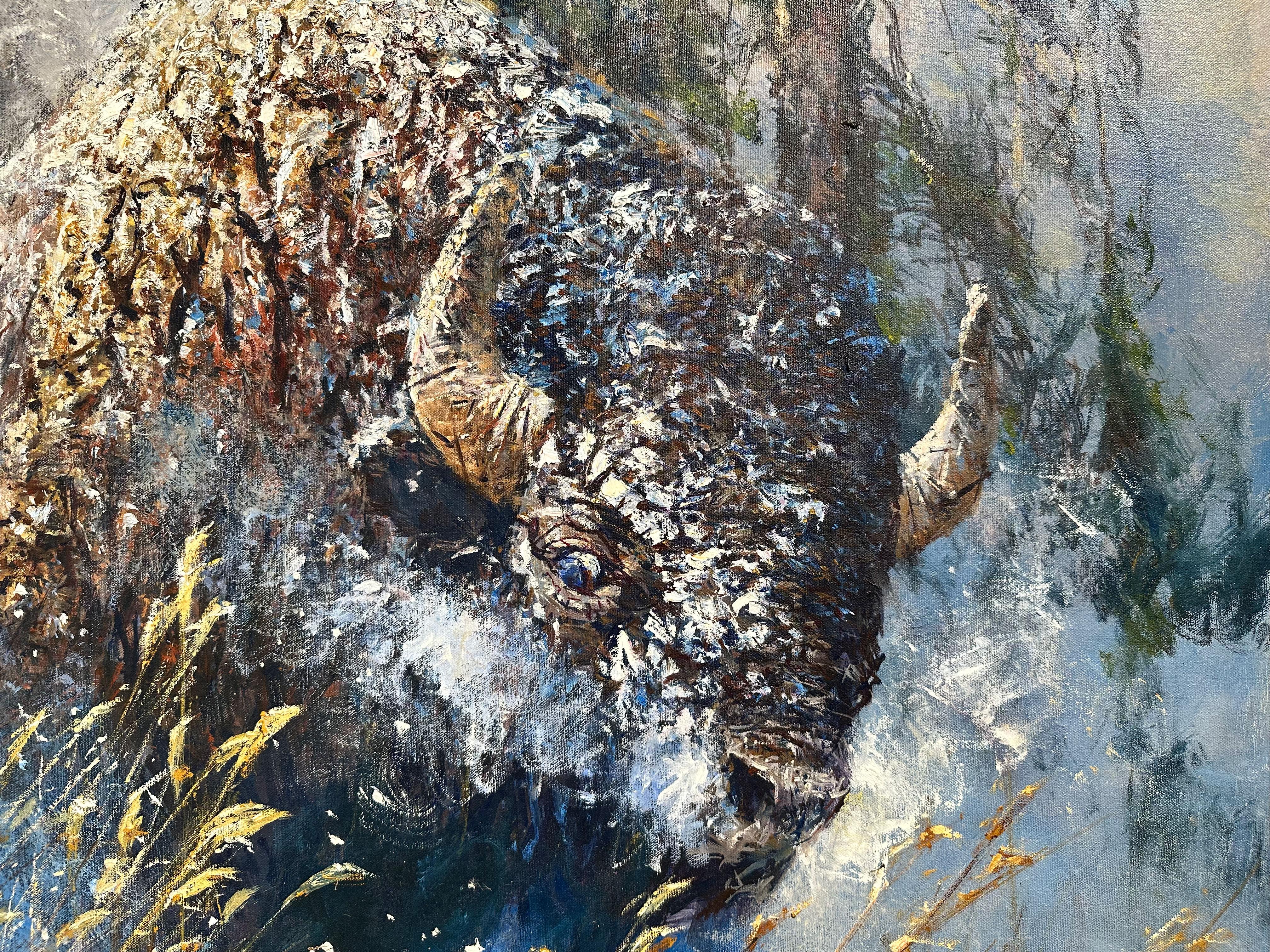« Startled », Robert Hagan, 42x60, huile sur toile, Western, Impressionnisme, Buffalo en vente 3