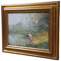 Huile sur toile impressionniste de Robert Hagen représentant un paysage et des personnages d'une scène de lac encadrés