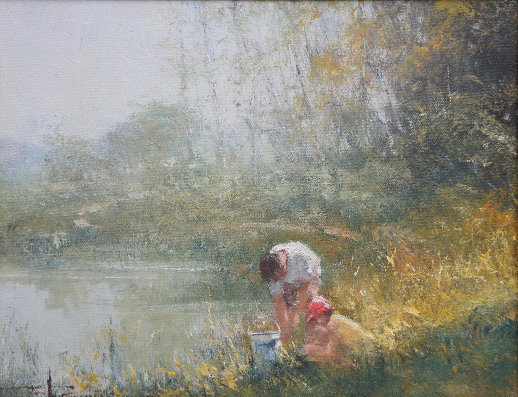 Robert Hagen Impressionist Oil on Canvas Landscape Lake Scene Figures Framed In Good Condition In Dayton, OH