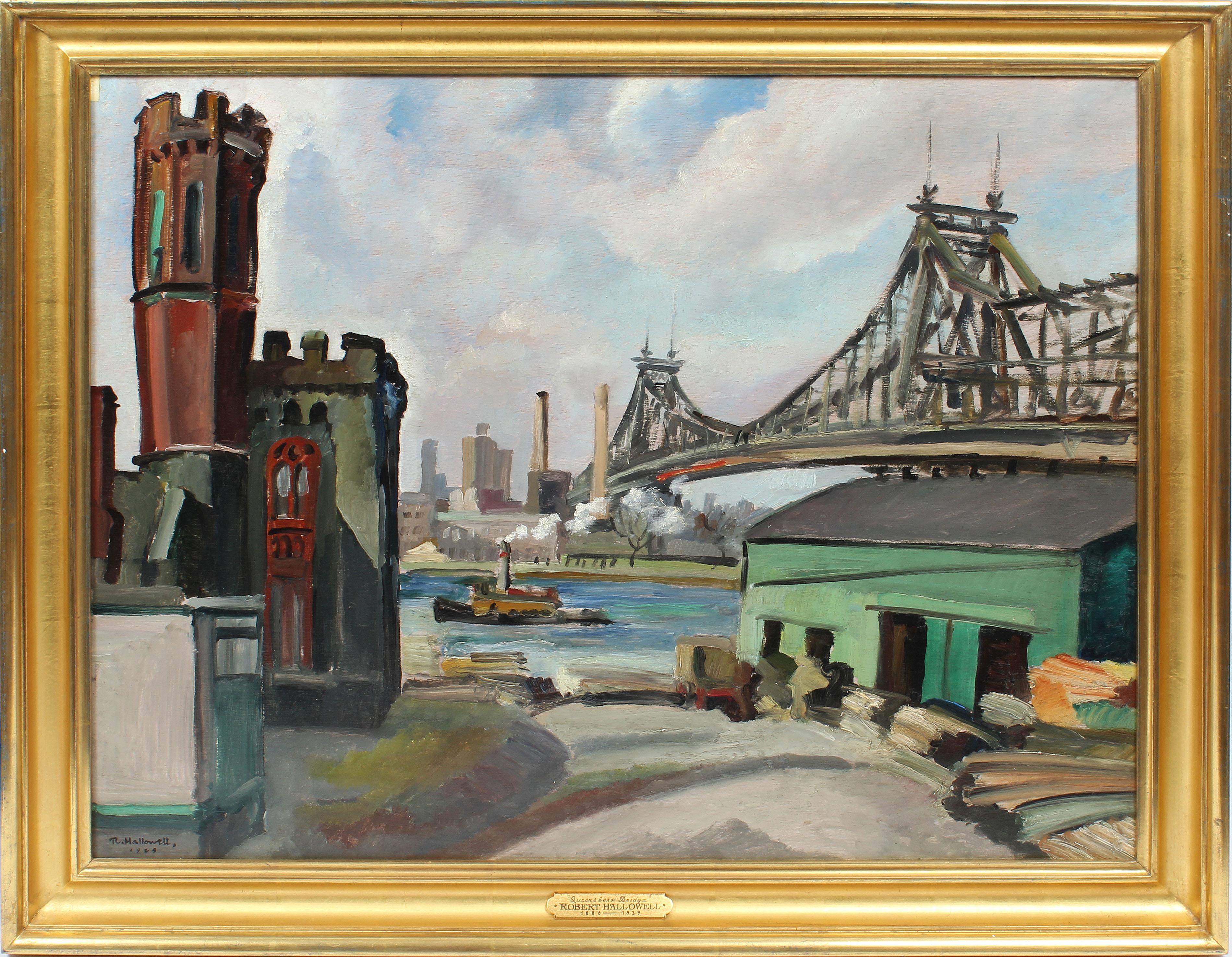 Robert Hallowell Landscape Painting - Antique American Modernist Cityscape Ashcan School 59th Street Bridge Painting