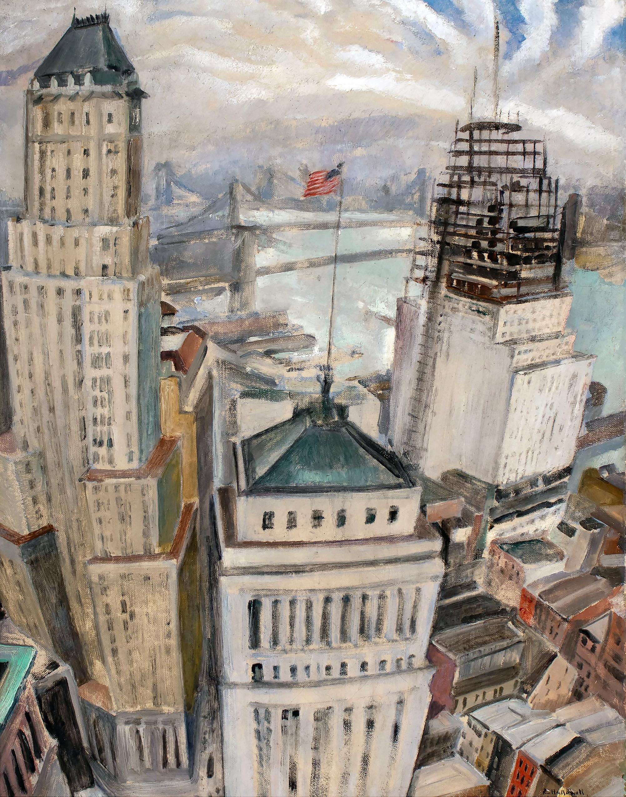 Landscape Painting Robert Hallowell - Peinture vintage représentant la silhouette de Lower Manhattan et l'ancien Wall Street, 1929, « L'essor du capitalisme »