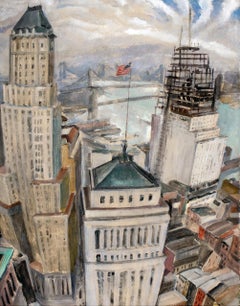 Old Wall Street Vintage Lower Manhattan Skyline painting 1929, Capitalism Rising