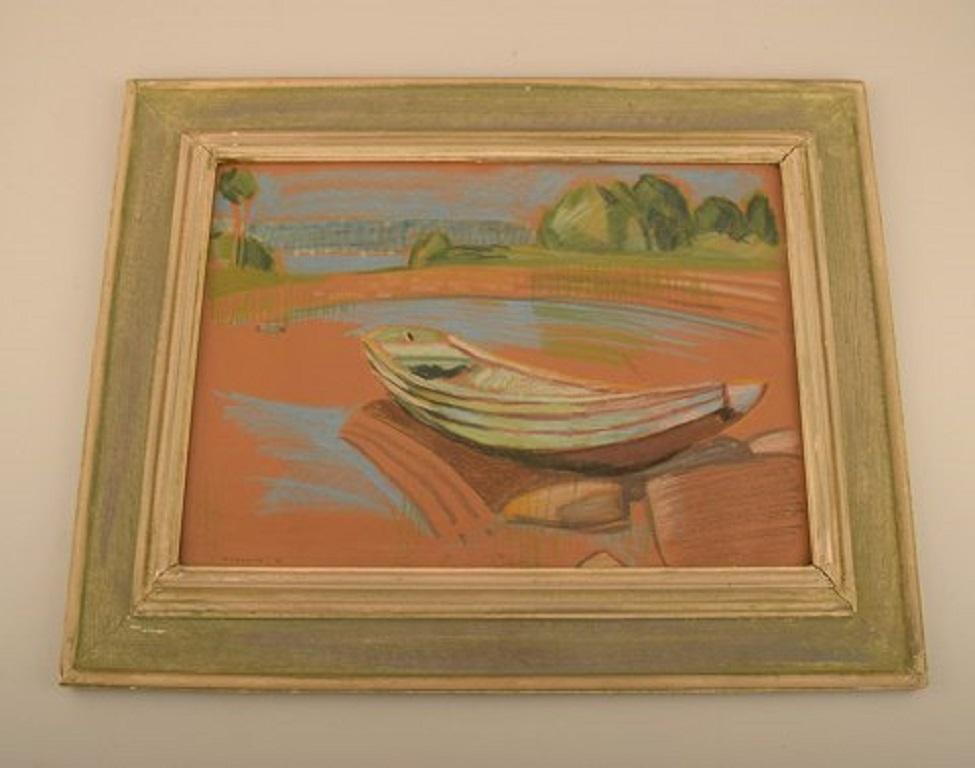 Robert Hancock (1912-1993), Finland. Oil crayon on paper. Modernist landscape with boat. Dated 1952.
The paper measures: 41.5 x 29 cm.
The frame measures: 7.5 cm.
In excellent condition.
Signed and dated.