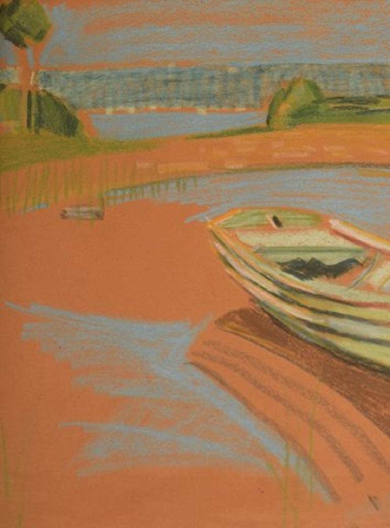 Robert Hancock, Finland, Oil Crayon on Paper, Modernist Landscape In Excellent Condition For Sale In Copenhagen, DK