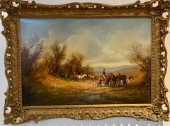 English fox hunting scene with fox hounds, huntsman on horse back in a landscape