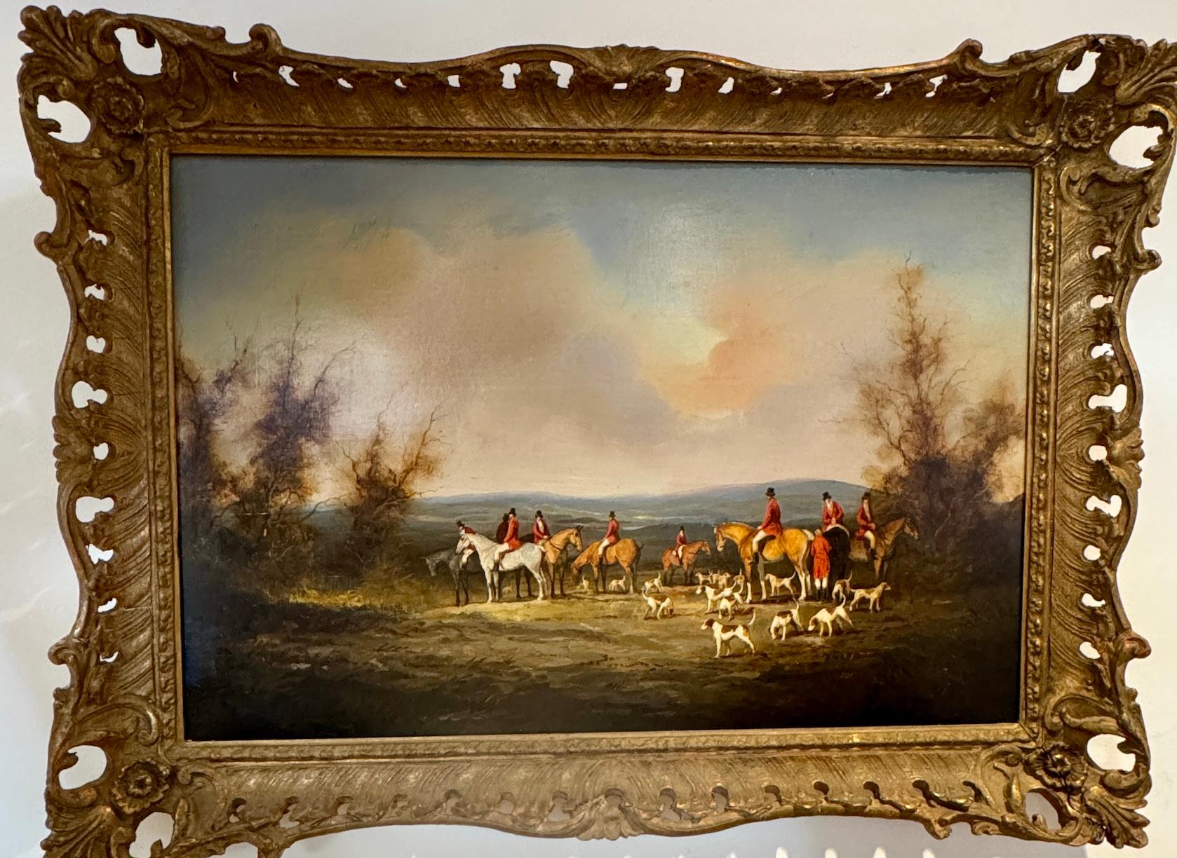 Scène de chasse au renard anglais avec chiens de chasse, chasseur à cheval dans un paysage