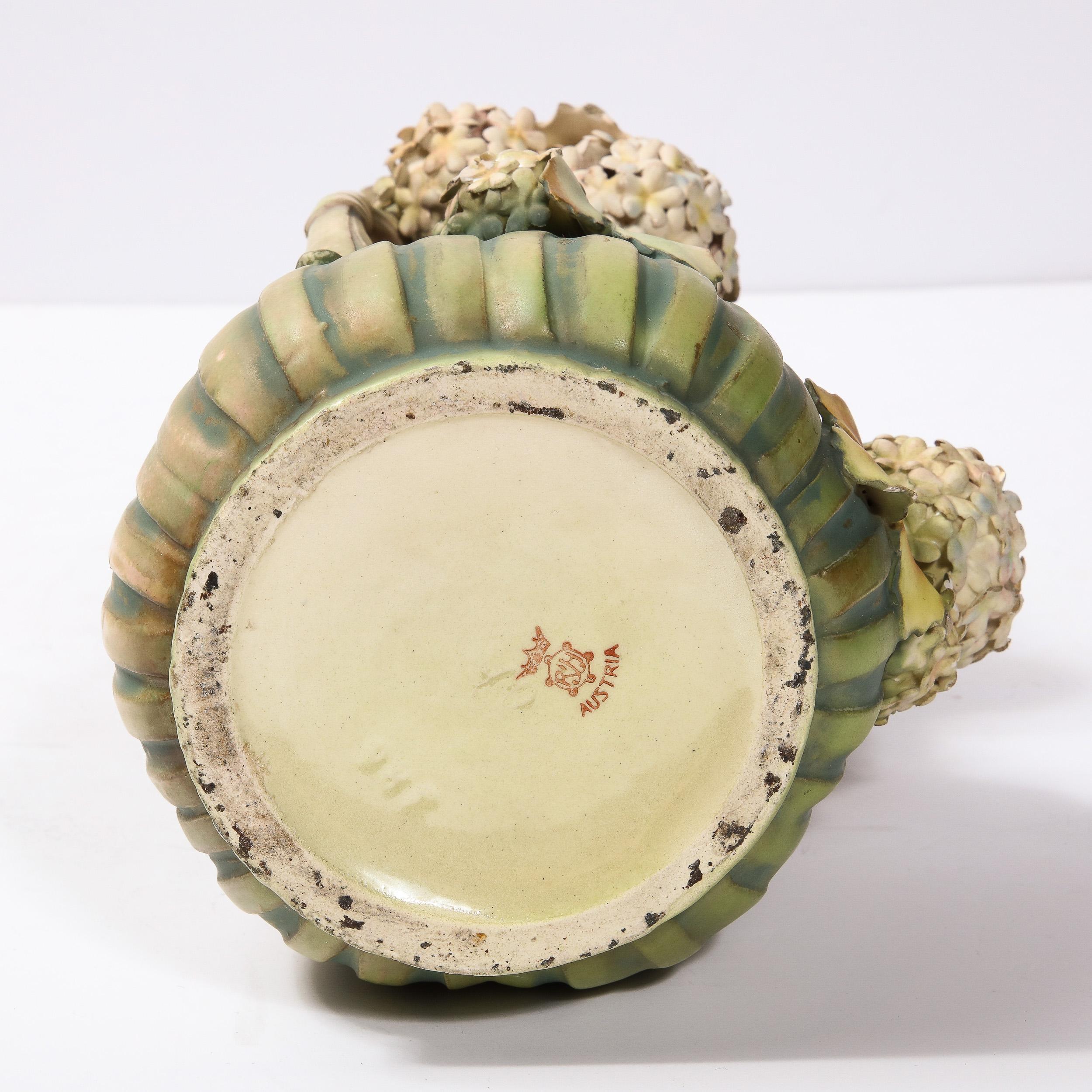 Robert Hanke Art Nouveau Porcelain Double Handled Hydrangea Motif Antique Vase For Sale 5