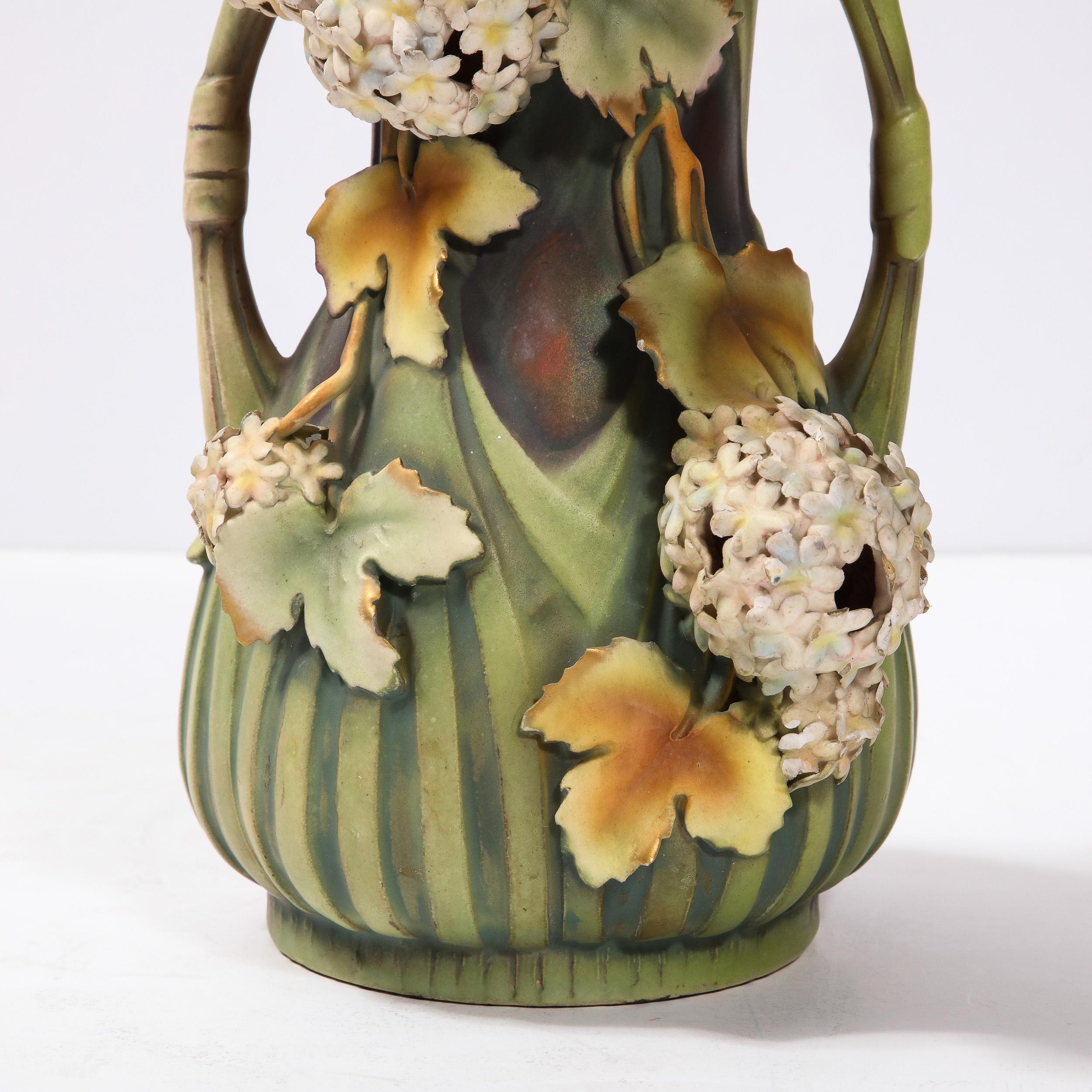 Austrian Robert Hanke Art Nouveau Porcelain Double Handled Hydrangea Motif Antique Vase For Sale