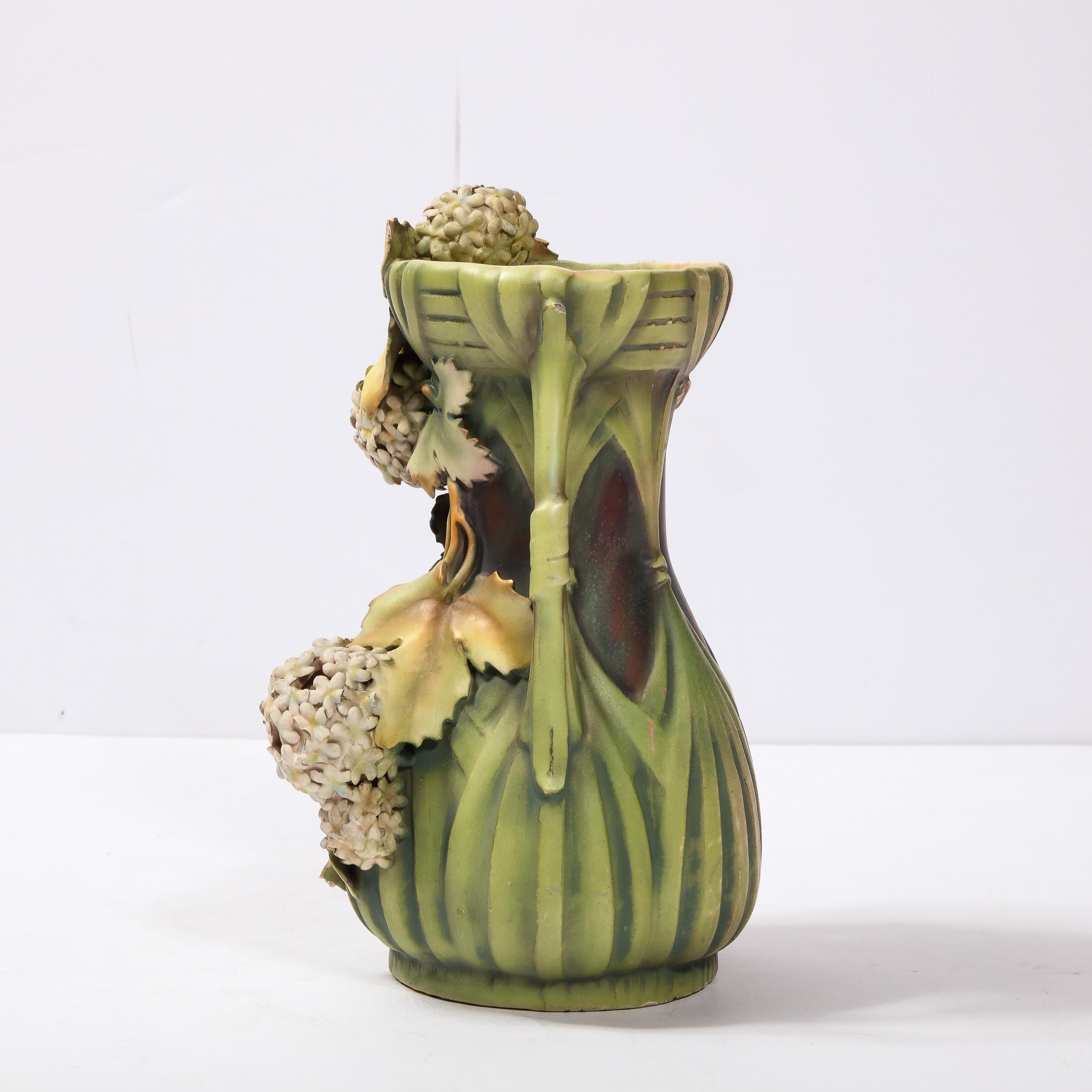 Early 20th Century Robert Hanke Art Nouveau Porcelain Double Handled Hydrangea Motif Antique Vase For Sale