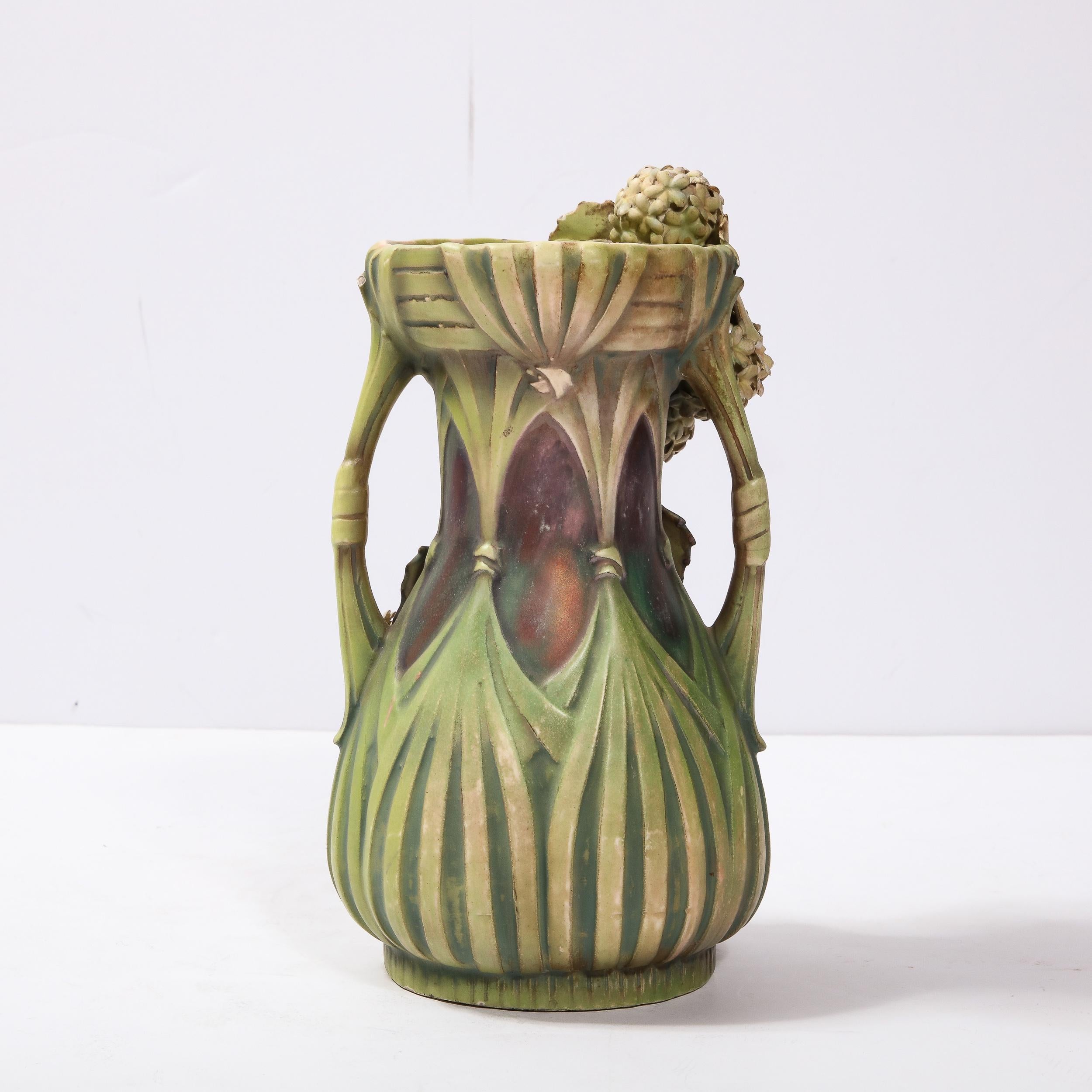 Robert Hanke Art Nouveau Porcelain Double Handled Hydrangea Motif Antique Vase For Sale 1