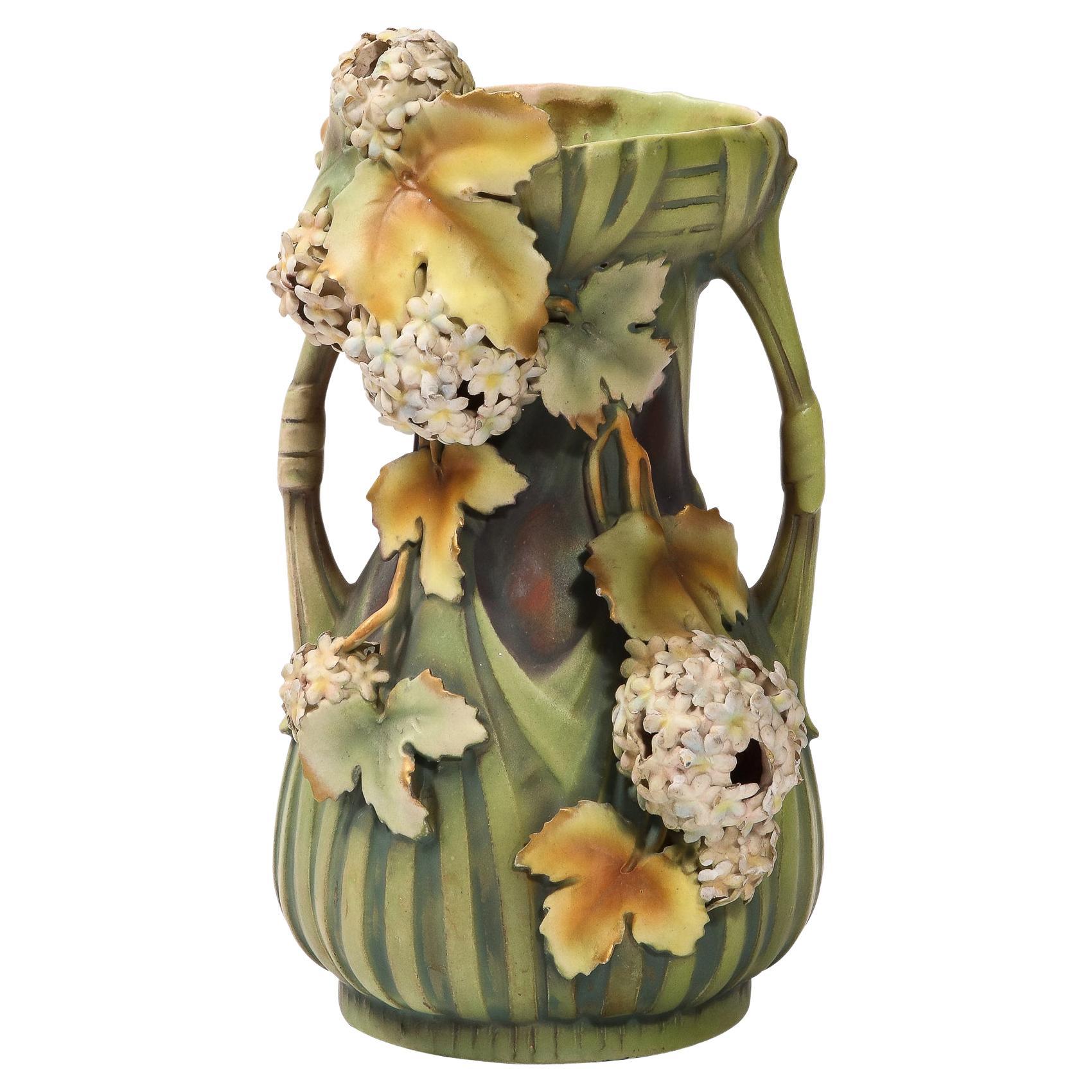 Robert Hanke Art Nouveau Porcelain Double Handled Hydrangea Motif Antique Vase For Sale