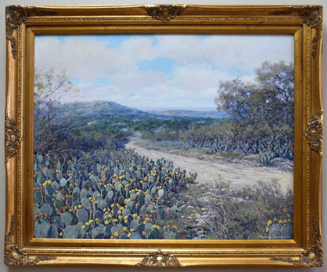Robert Harrison Landscape Painting - "A TEXAS TRAIL" TEXAS HILL COUNTRY FRAME 30 x 36 BLOOMING PRICKLY PEAR BORN 1949