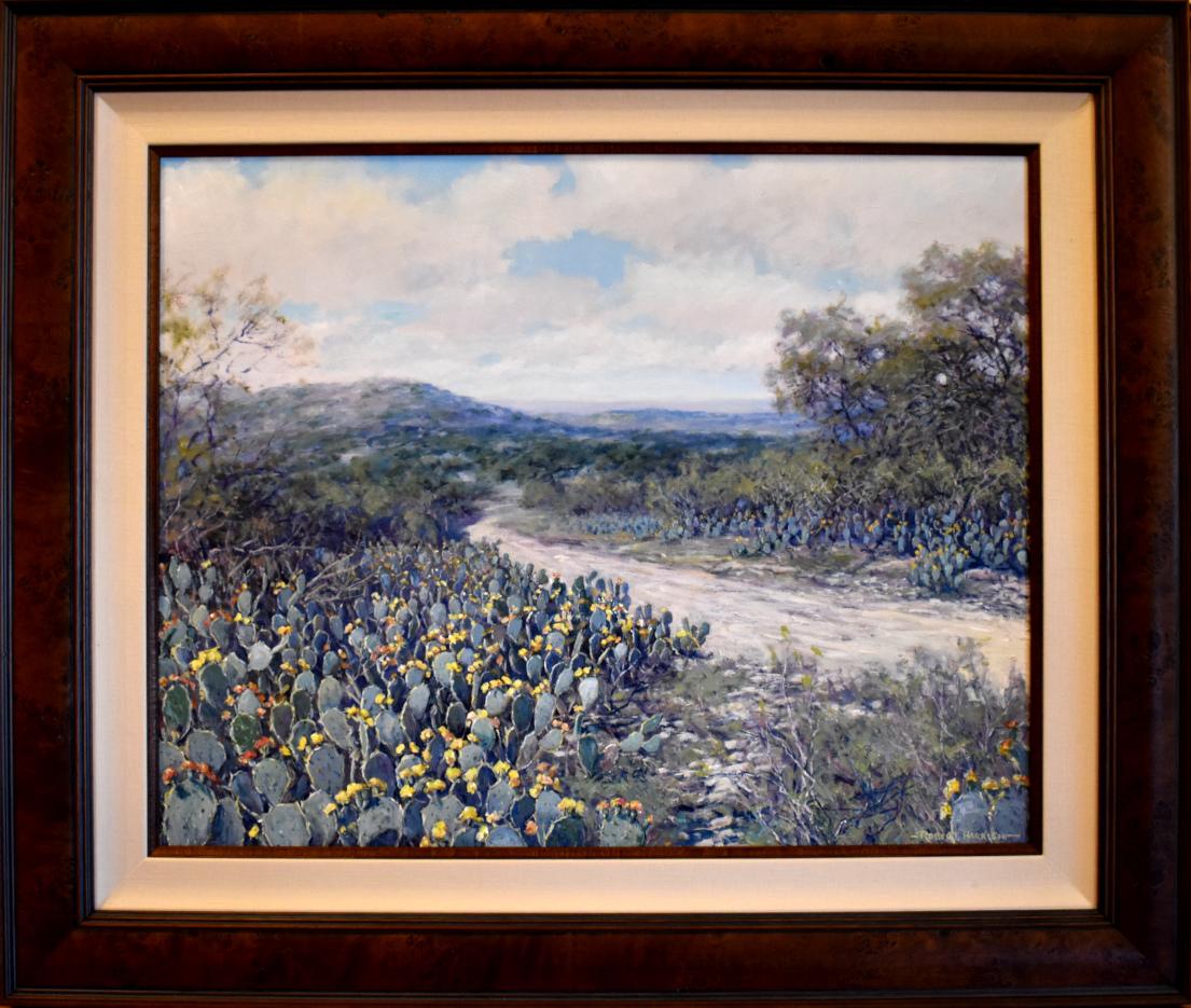 Landscape Painting de Robert Harrison - MARCO "A TEXAS TRAIL" TEXAS HILL COUNTRY 30 x 36 PERA EN FLOR NACIDA EN 1949