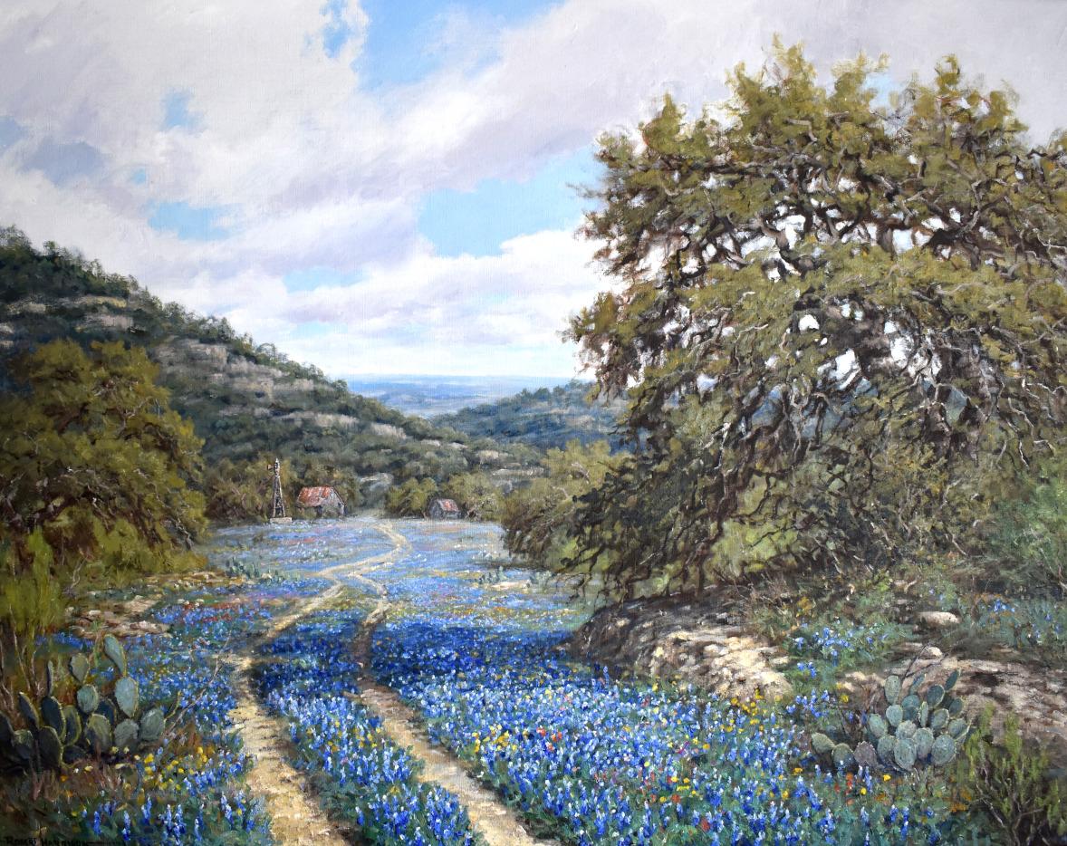 Robert Harrison Landscape Painting - "AS BLUE AS IT GETS" TEXAS HILL COUNTRY BLUEBONNETS 38 X 48 FRAMED!