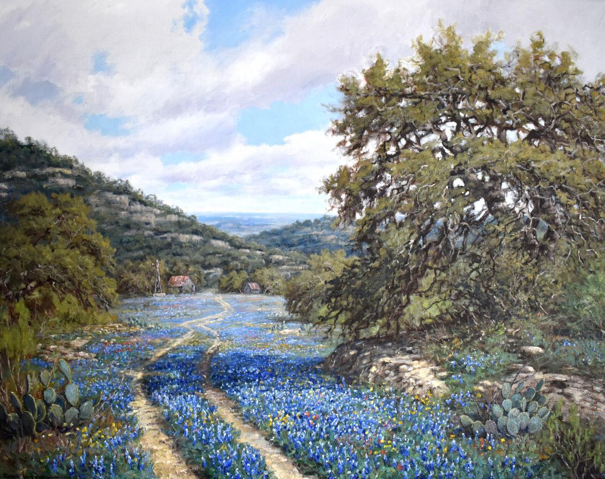 Landscape Painting de Robert Harrison - "AS BLUE AS IT GETS" BLUEBONNETS DE TEXAS HILL COUNTRY 38 X 48 ¡ENMARCADO!