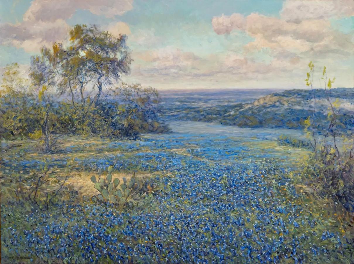 « BluebonNET AND CACTUS » TEXAS HILL COUNTRY BORN 1949 FRAME 40 X 50 - Painting de Robert Harrison