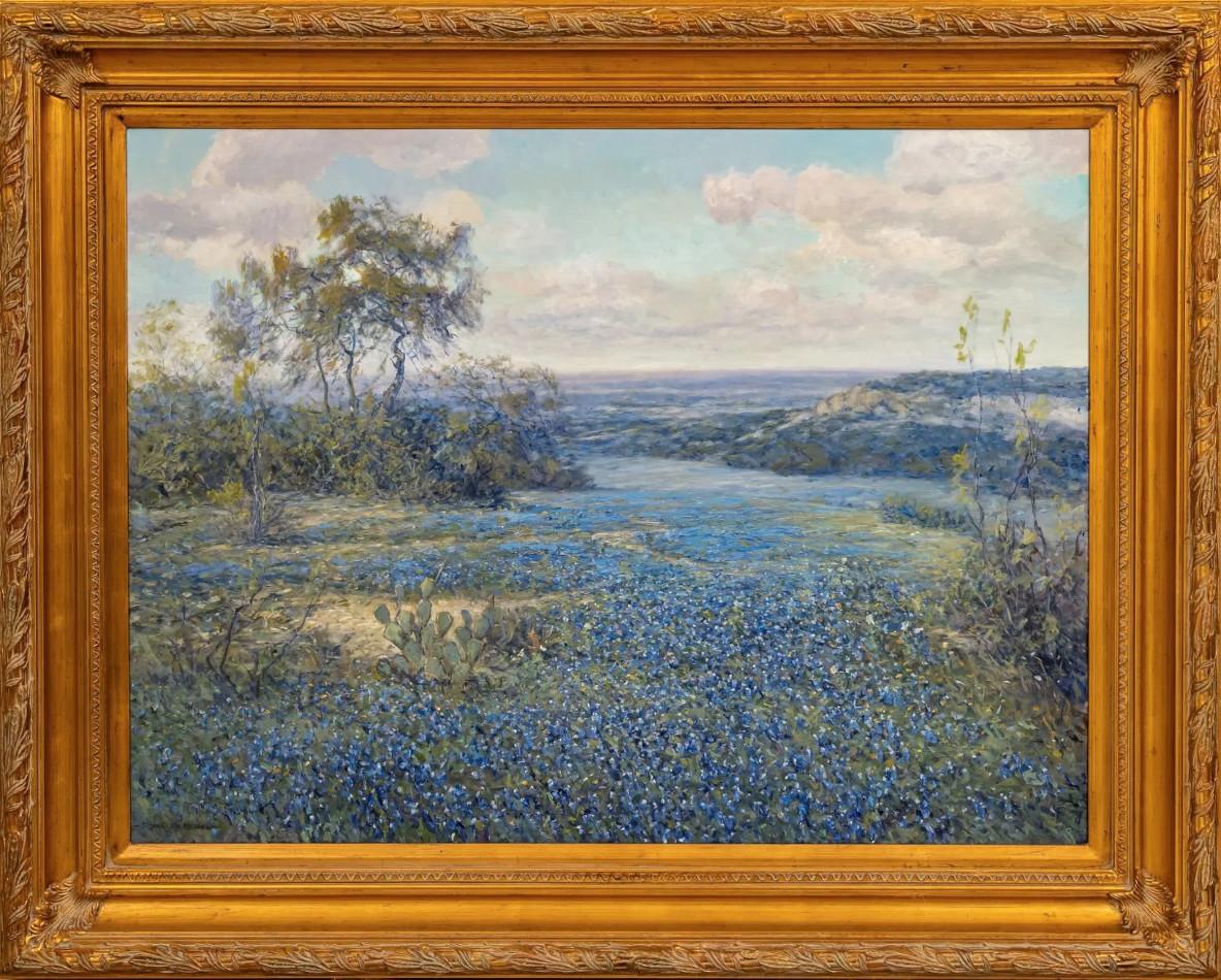 Landscape Painting Robert Harrison - « BluebonNET AND CACTUS » TEXAS HILL COUNTRY BORN 1949 FRAME 40 X 50