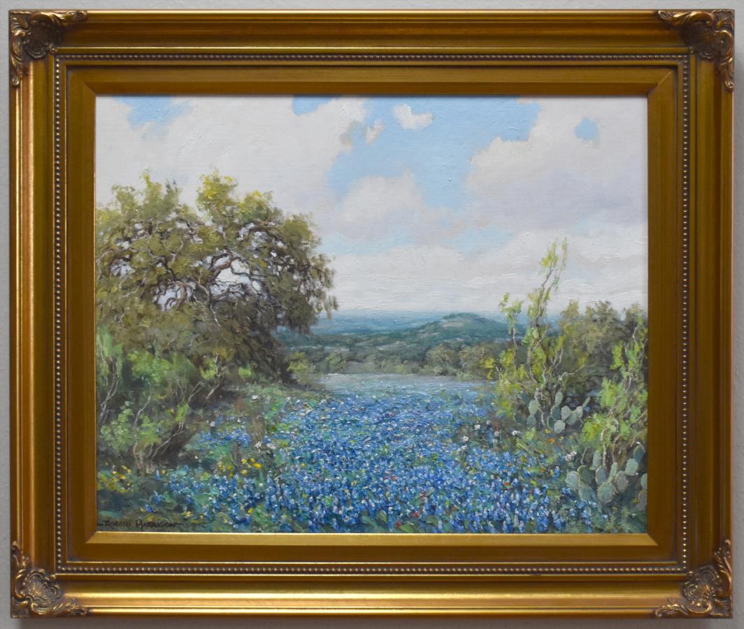Robert Harrison Landscape Painting - "BLUEBONNETS IN BLOOM" TEXAS HILL COUNTRY FRAMED 22 X 26 BORN 1949 HEAVY IMPASTO