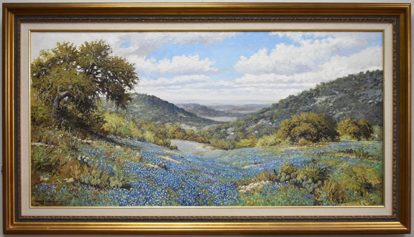 Robert Harrison Landscape Painting - "BLUEBONNETS VALLEY" TEXAS HILL COUNTRY FRAMED 31 X 55 BORN 1949 HEAVY IMPASTO