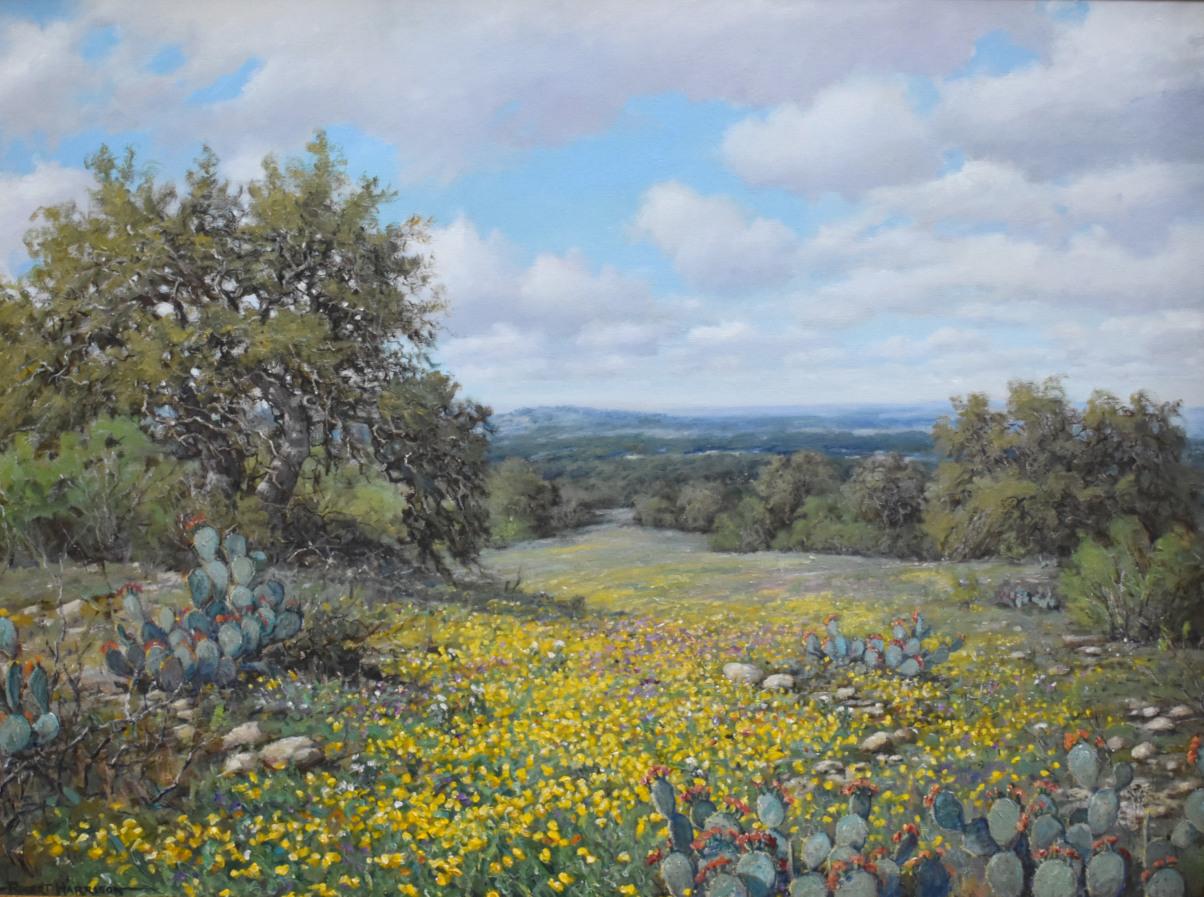 « COREOPSIS & CACTI » TEXAS HILL COUNTRY WILDFLOWERS 40 X 50 FRAMÉ 1949 - Impressionnisme Painting par Robert Harrison