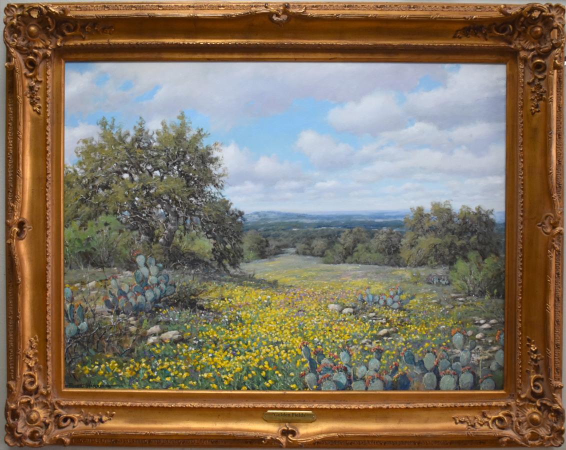 Robert Harrison Landscape Painting - "COREOPSIS & CACTI" TEXAS HILL COUNTRY WILDFLOWERS 40 X 50 FRAMED BORN 1949