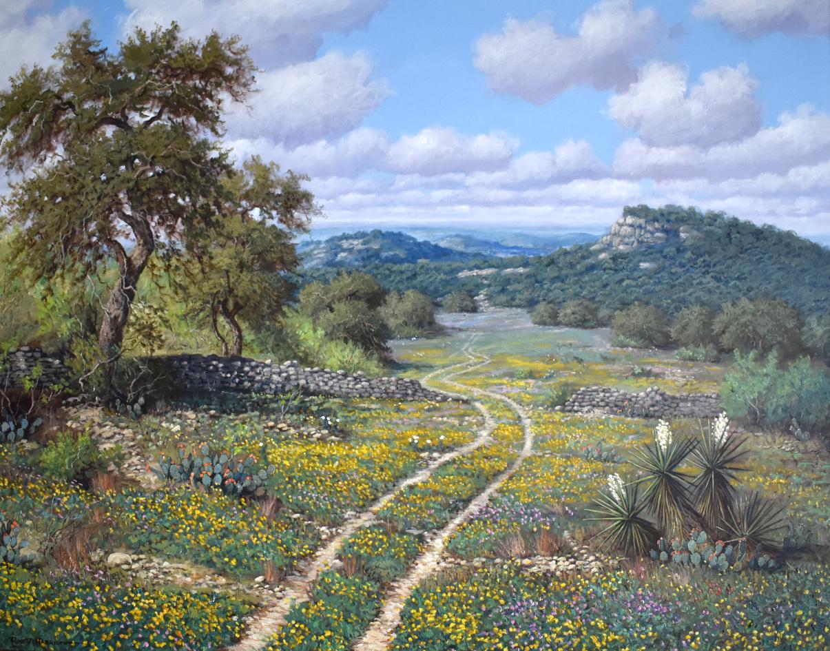Robert Harrison Landscape Painting - "COREOPSIS & DAGGERS"  TEXAS HILL COUNTRY WILDFLOWERS 44 X 56 FRAMED WOW! 