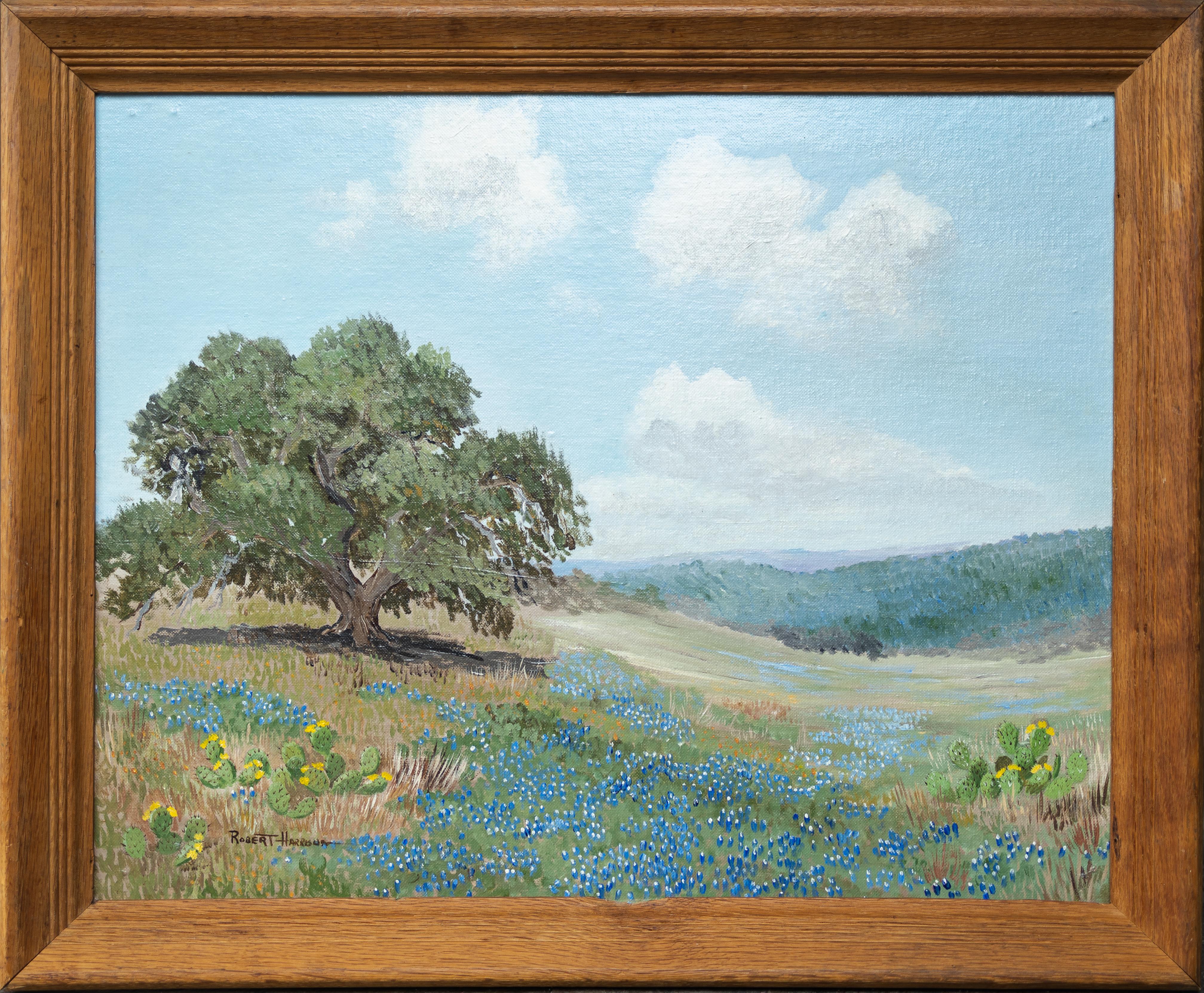 Spring Pastoral Landscape with Bluebonnets and Yellow Prickly Pear - Painting by Robert Harrison