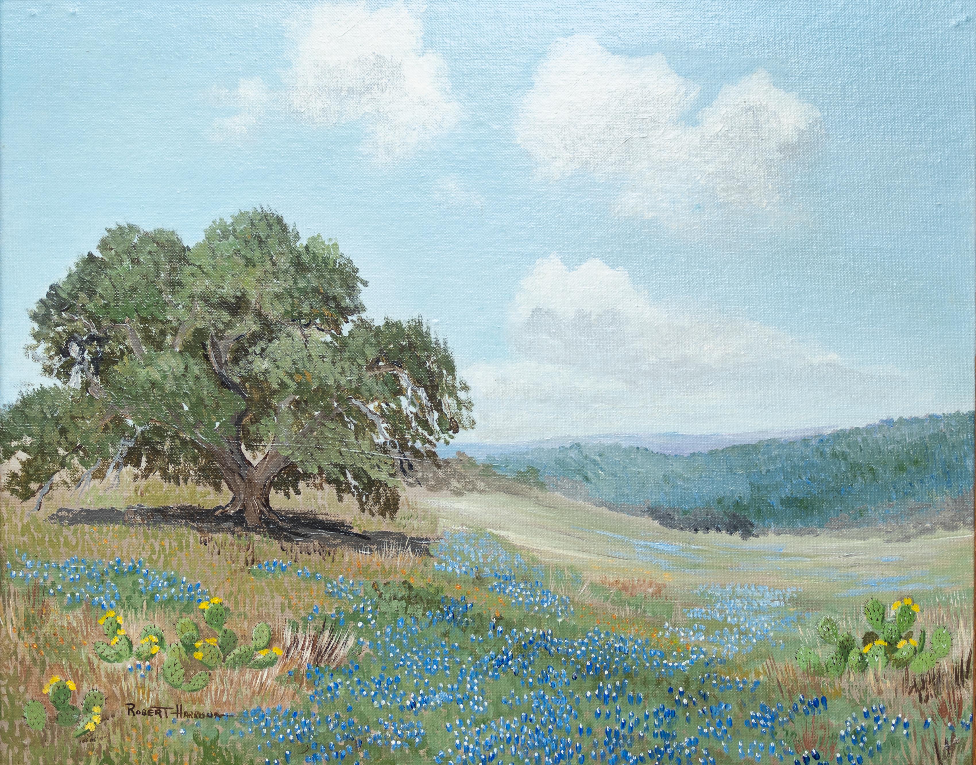 Robert Harrison Landscape Painting - Spring Pastoral Landscape with Bluebonnets and Yellow Prickly Pear