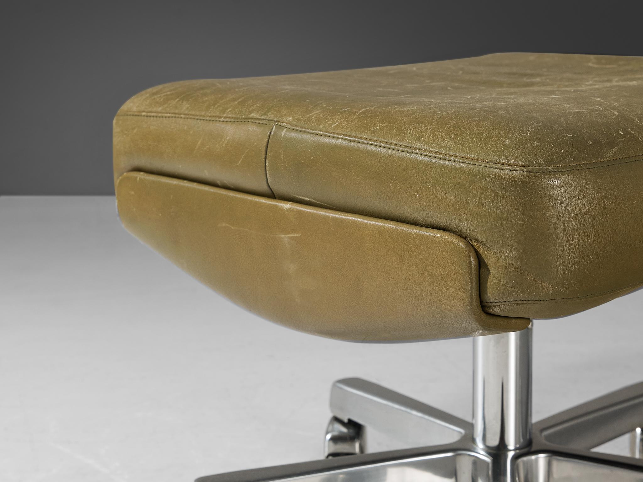 Mid-Century Modern Robert Hausmann for De Sede Ottoman in Olive Green Leather and Steel