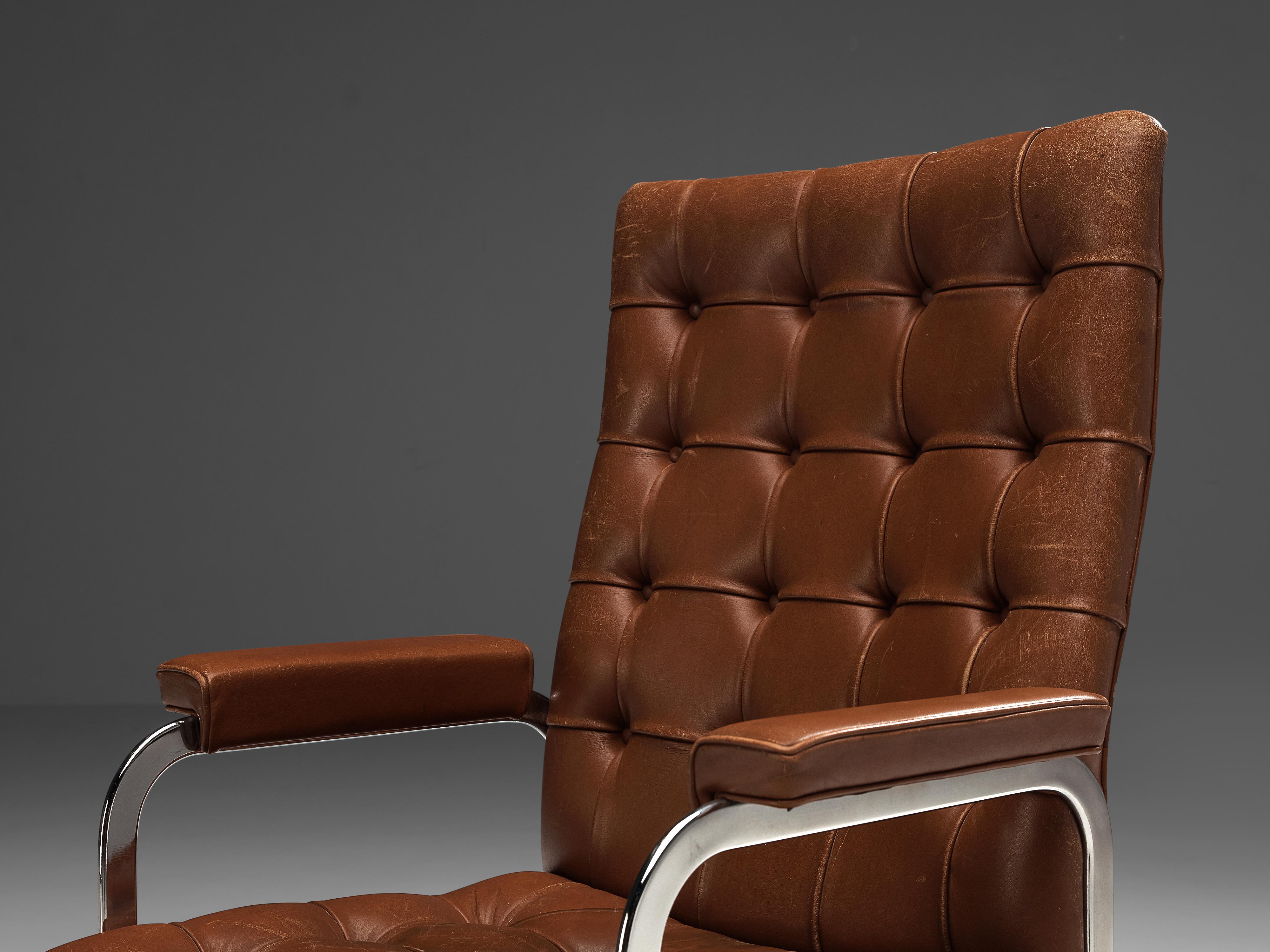 Steel Robert Haussmann for De Sede Armchairs 'RH-304' in Brown Leather
