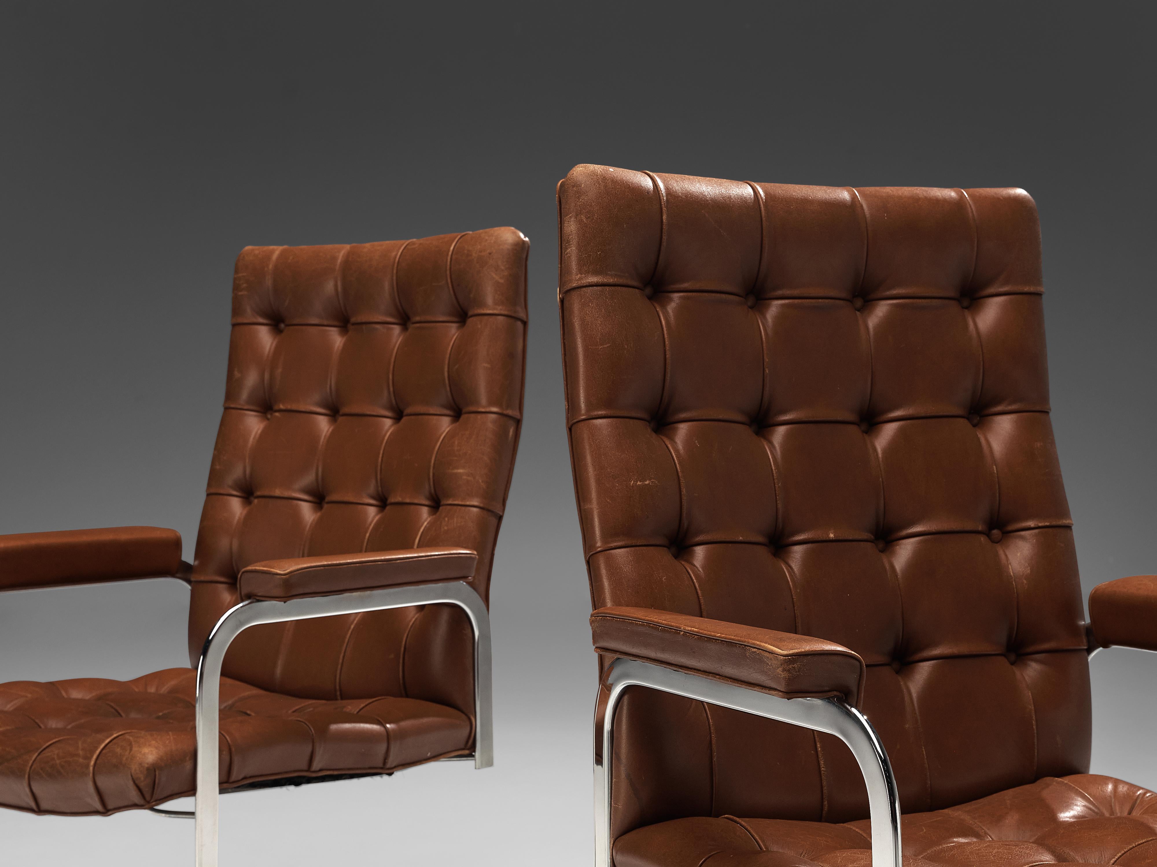 Steel Robert Haussmann for De Sede Armchairs 'RH-304' in Brown Leather