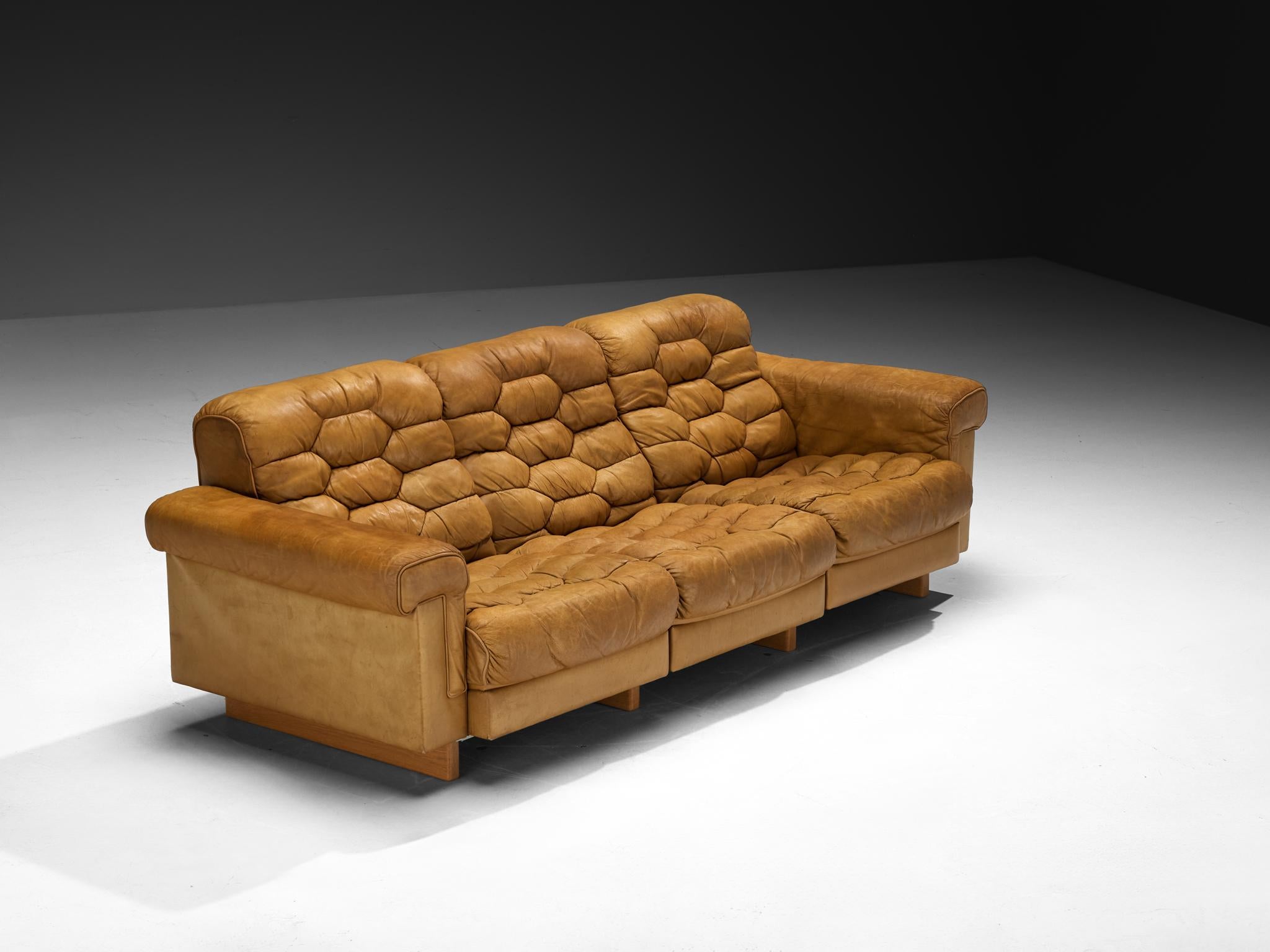 Svizzero Robert Haussmann for De Sede 'DS-P' Divani in pelle marrone cammello & Oak in vendita