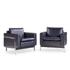 Robert Haussmann for De Sede Mid Century Black Leather Chairs - Pair