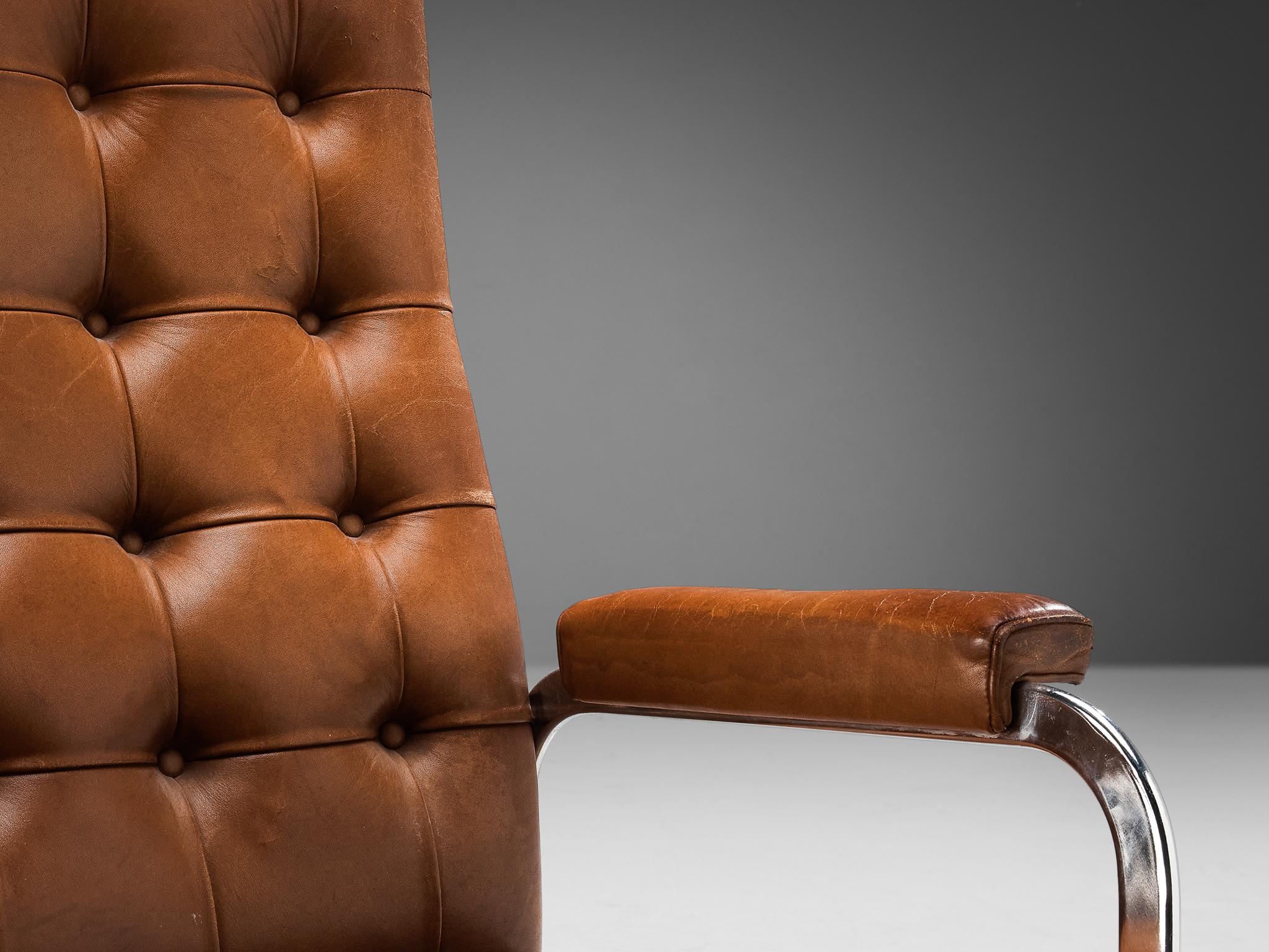 Steel Robert Haussmann for De Sede Set of Four Armchairs in Cognac Leather For Sale