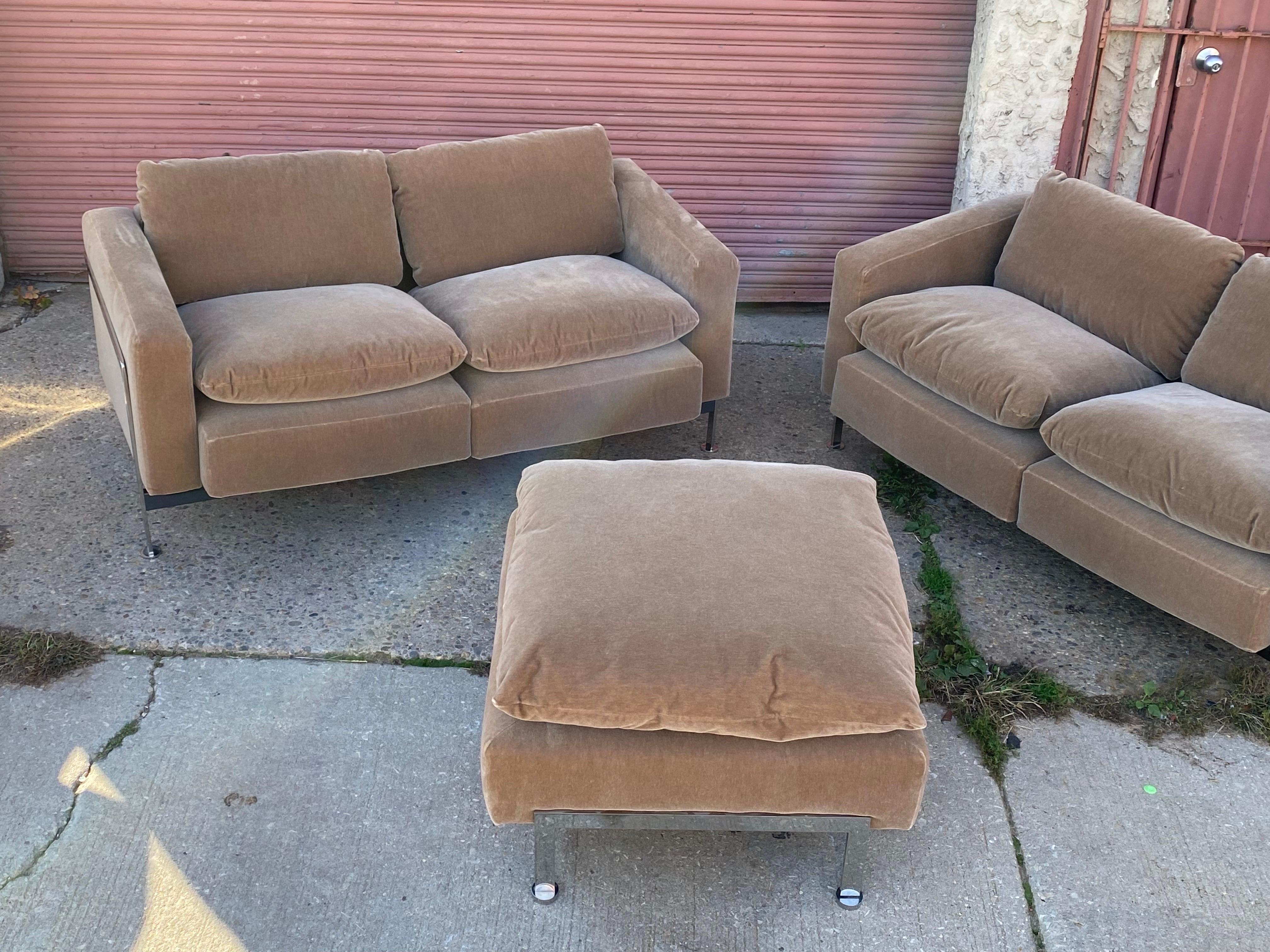 Robert Haussmann for Stendig loveseat and ottoman set. Reupholstered about 15 years ago in Mohair. Set is exceptionally Clean and ready to go! Seat cushions are down-filled and amazingly comfortable! Never seen the ottomans before!.