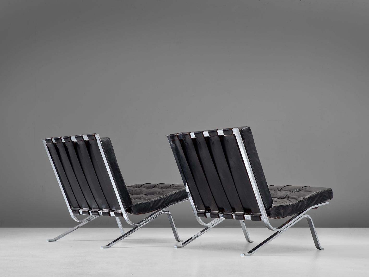 Mid-Century Modern Robert Haussmann Set of Two Lounge Chairs in Chrome and Black Leather