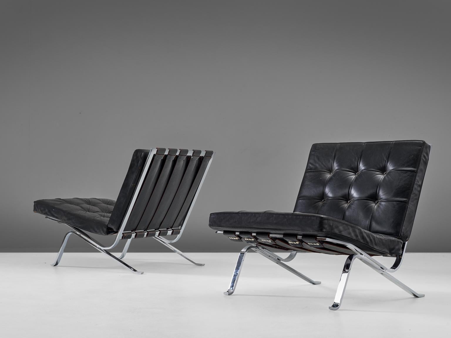 Swiss Robert Haussmann Set of Two Lounge Chairs in Chrome and Black Leather