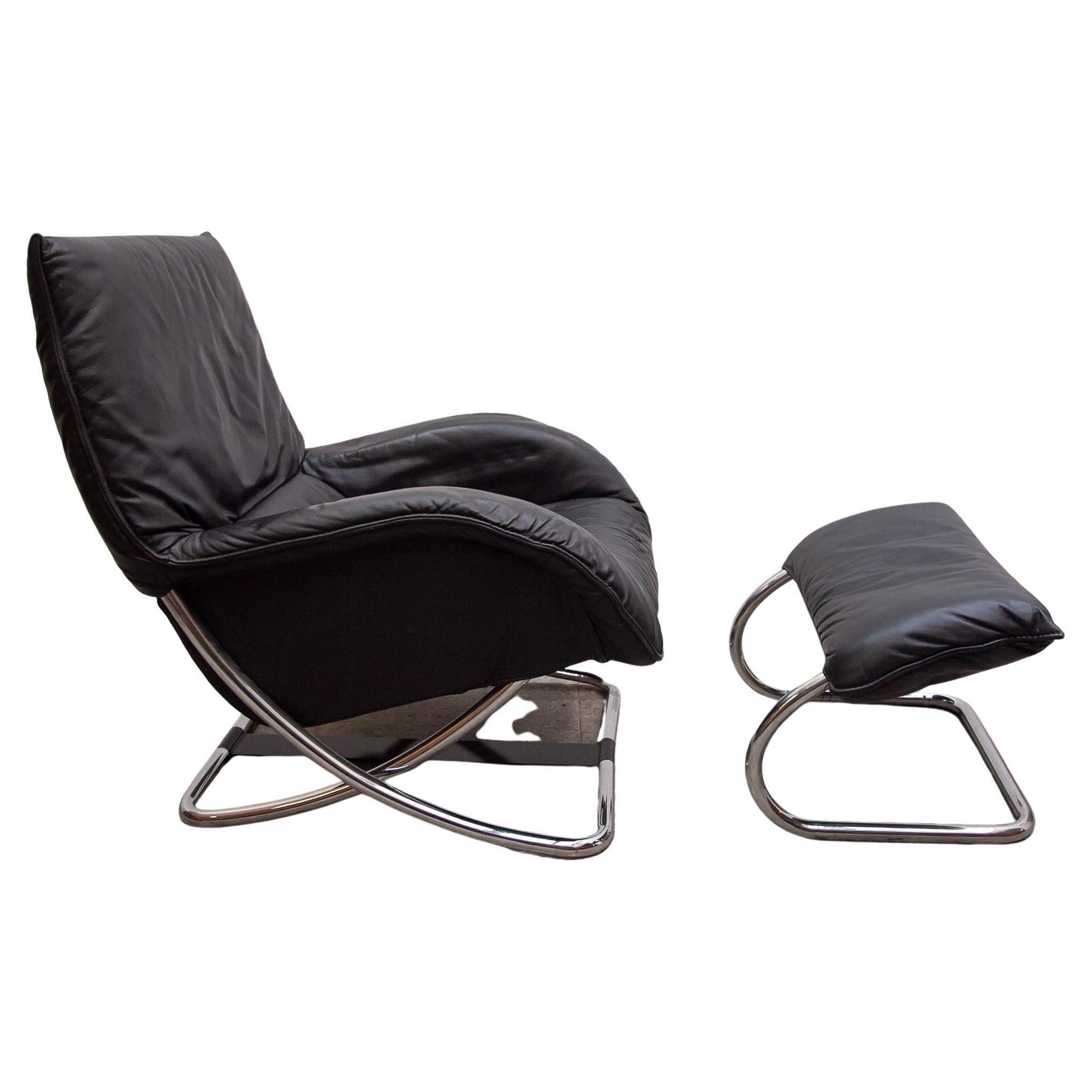 Mid-Century Modern Robert Haussmann Style Chrome Rocking Lounge Chair with Footstool, 1980s For Sale