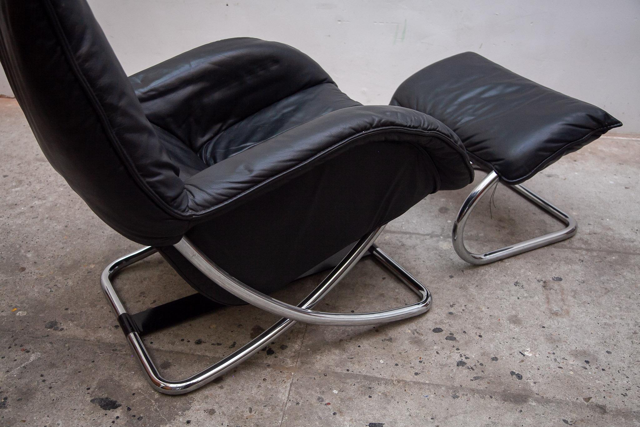 Swiss Robert Haussmann Style Chrome Rocking Lounge Chair with Footstool, 1980s For Sale