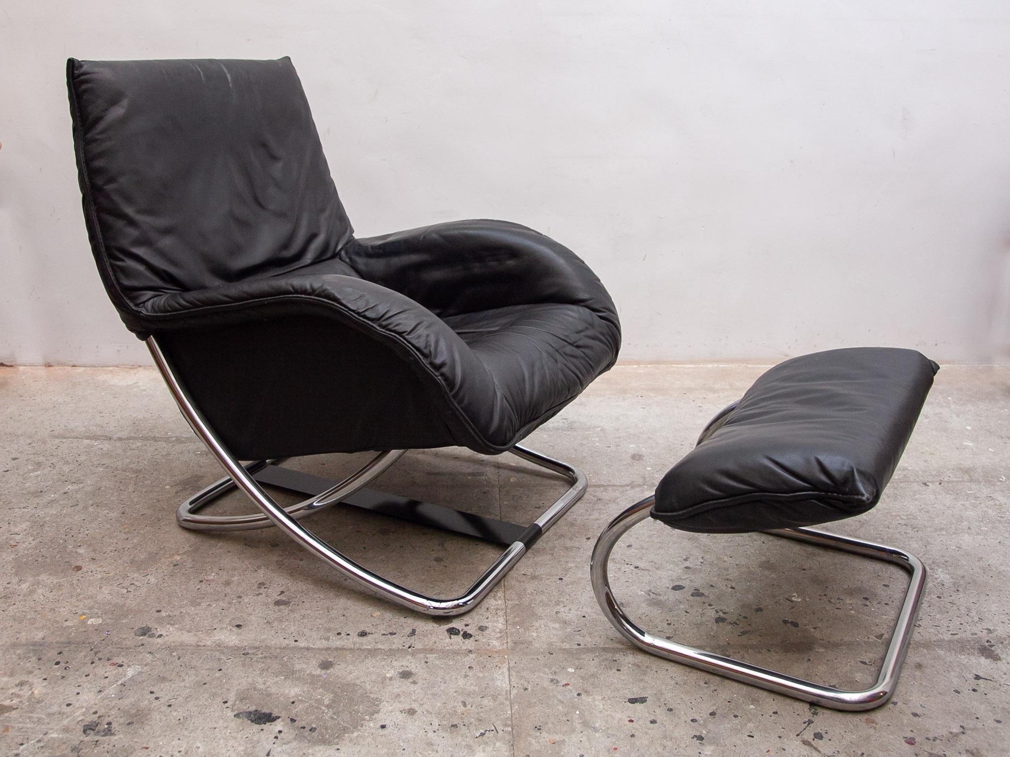 Late 20th Century Robert Haussmann Style Chrome Rocking Lounge Chair with Footstool, 1980s For Sale