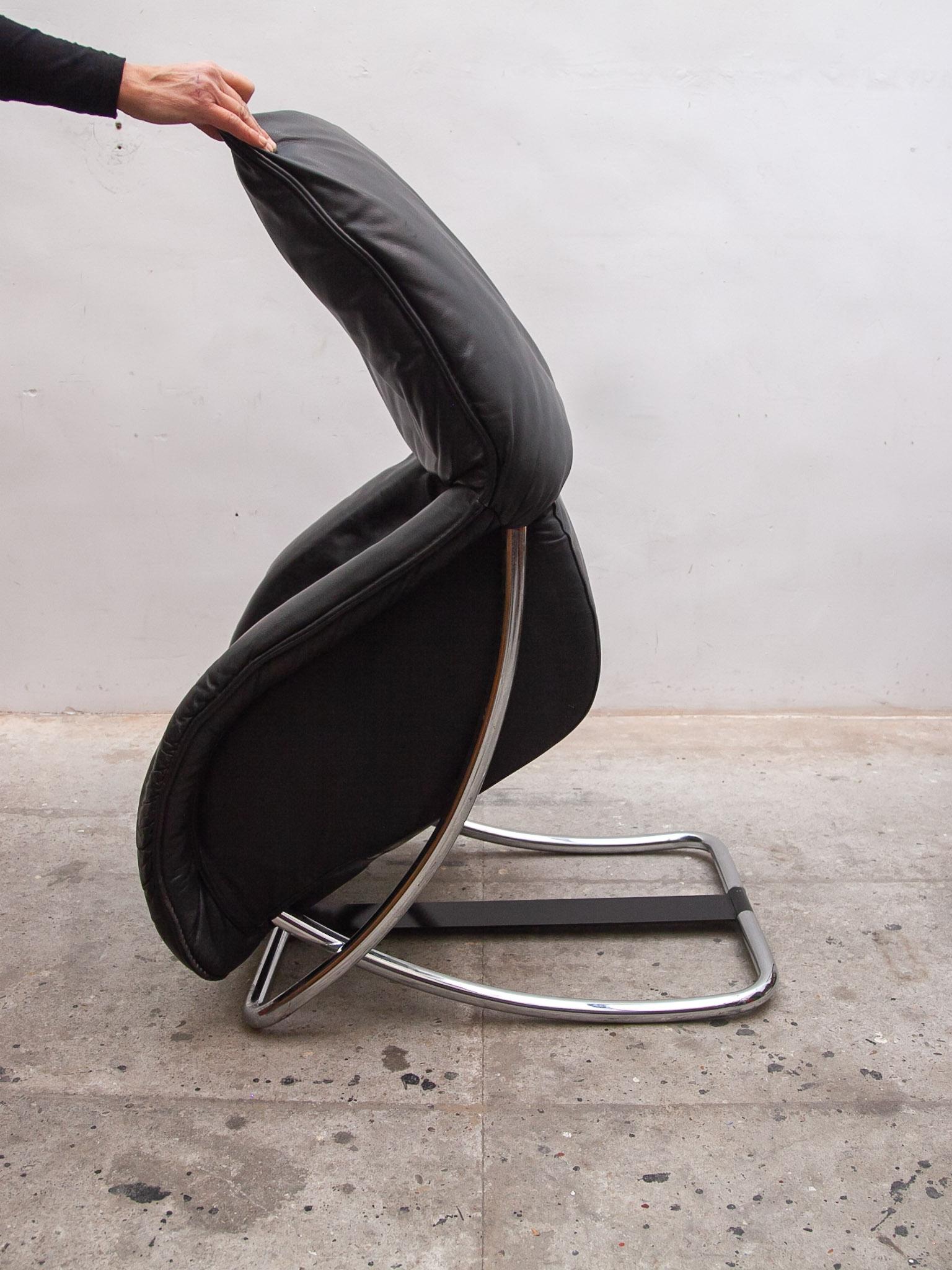 Leather Robert Haussmann Style Chrome Rocking Lounge Chair with Footstool, 1980s For Sale