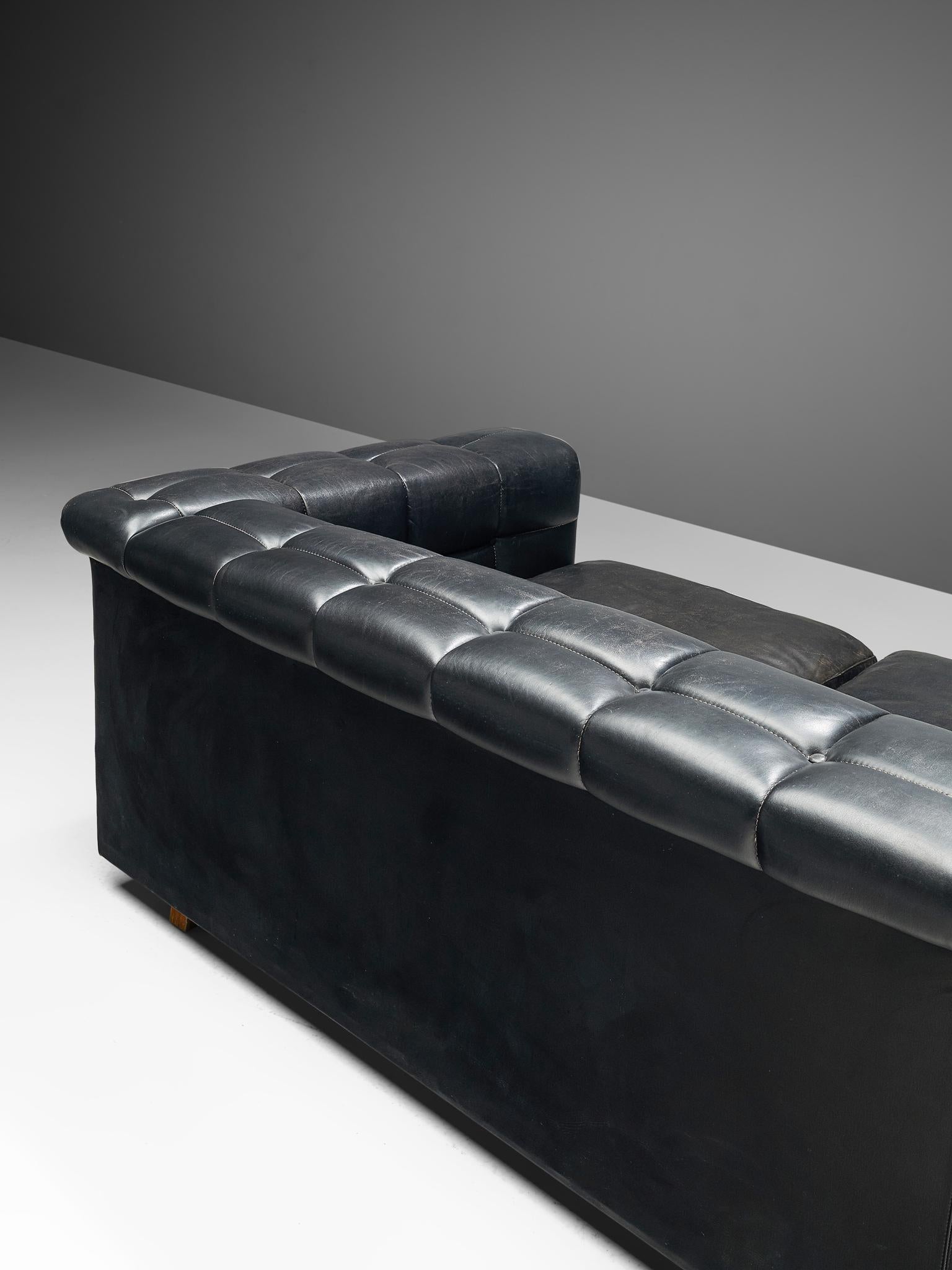 Robert Haussmann Tufted Four-Seat Sofa in Black Leather 3