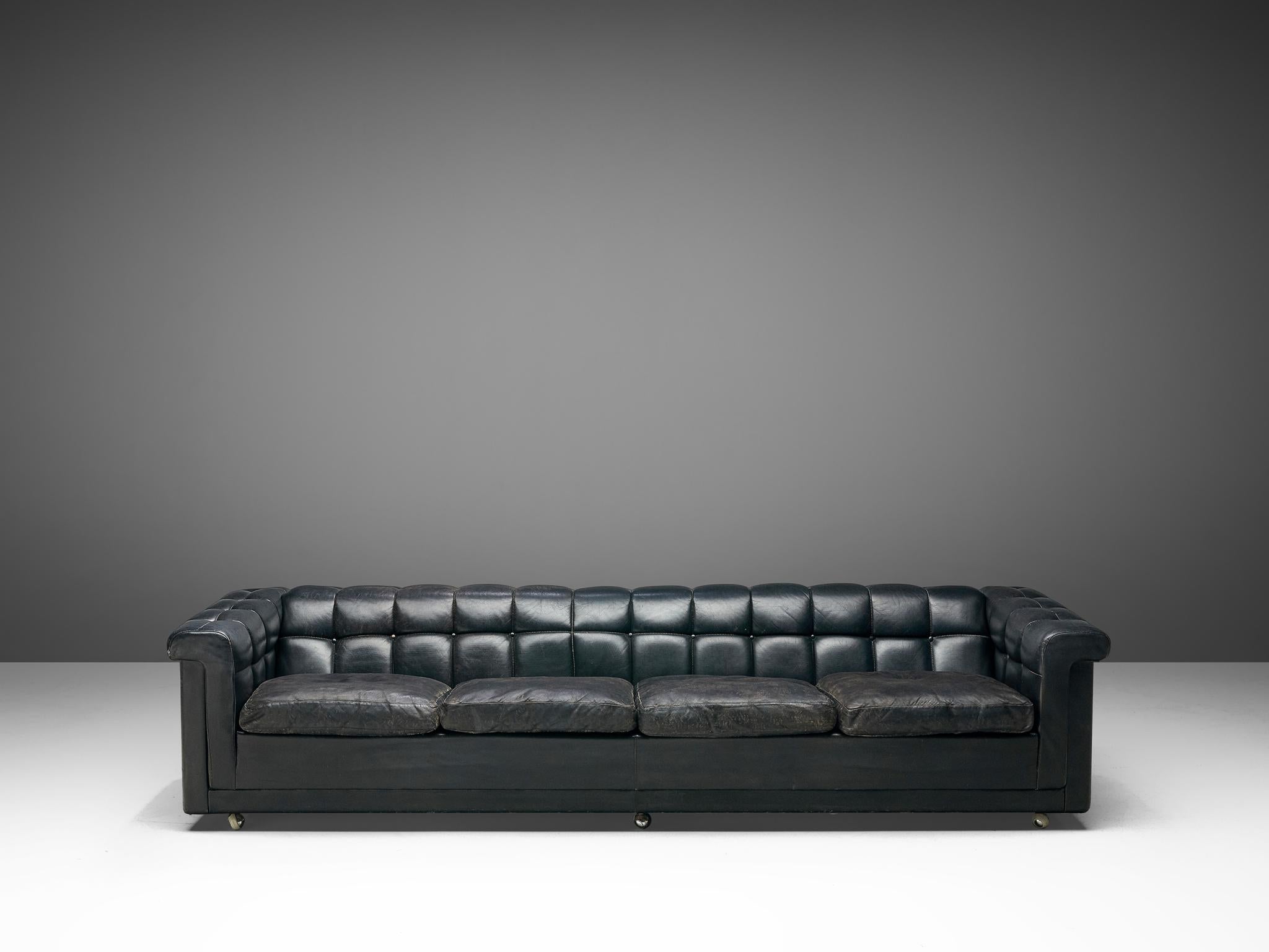 Mid-Century Modern Robert Haussmann Tufted Four-Seat Sofa in Black Leather
