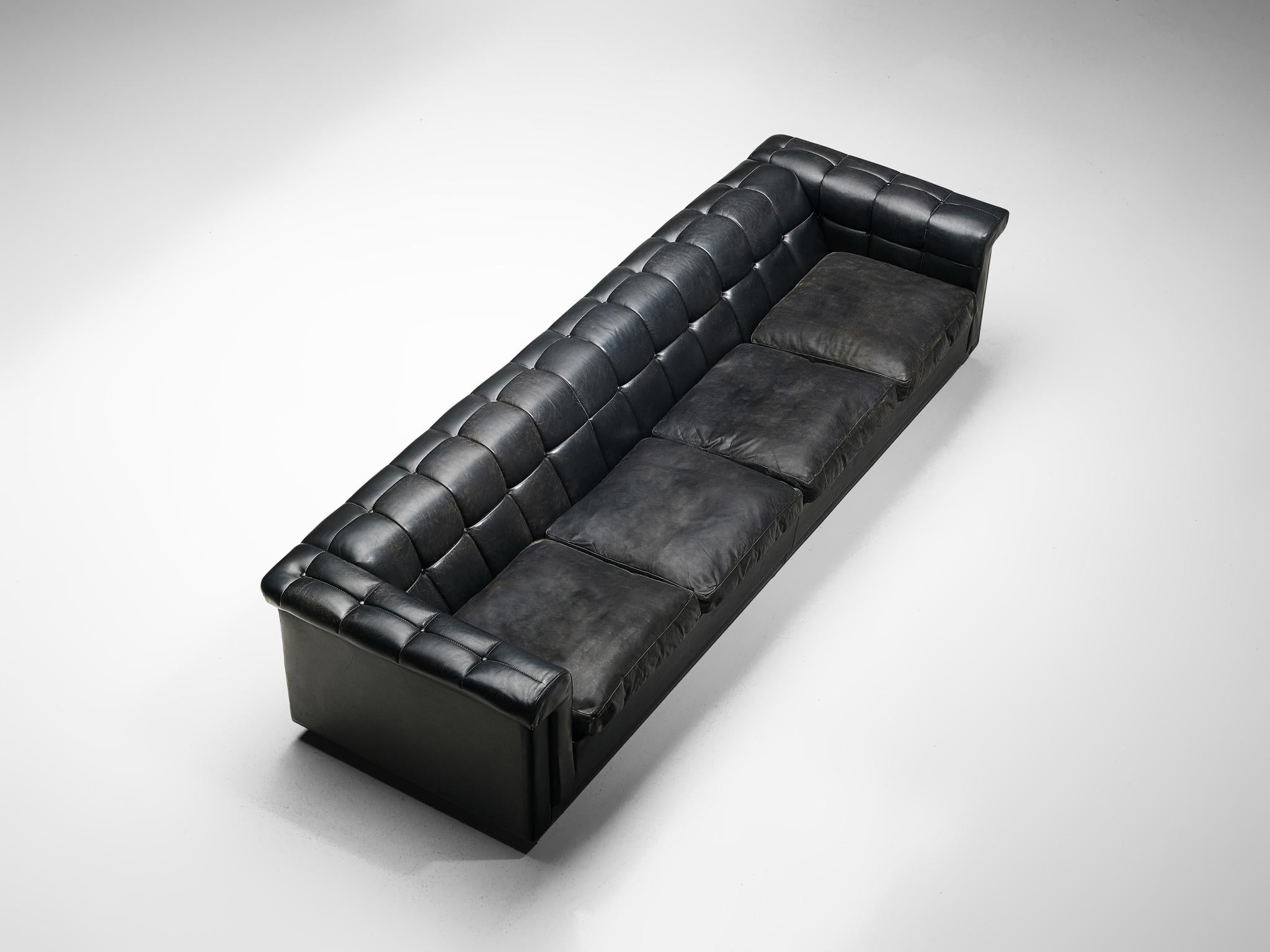 Swiss Robert Haussmann Tufted Four-Seat Sofa in Black Leather