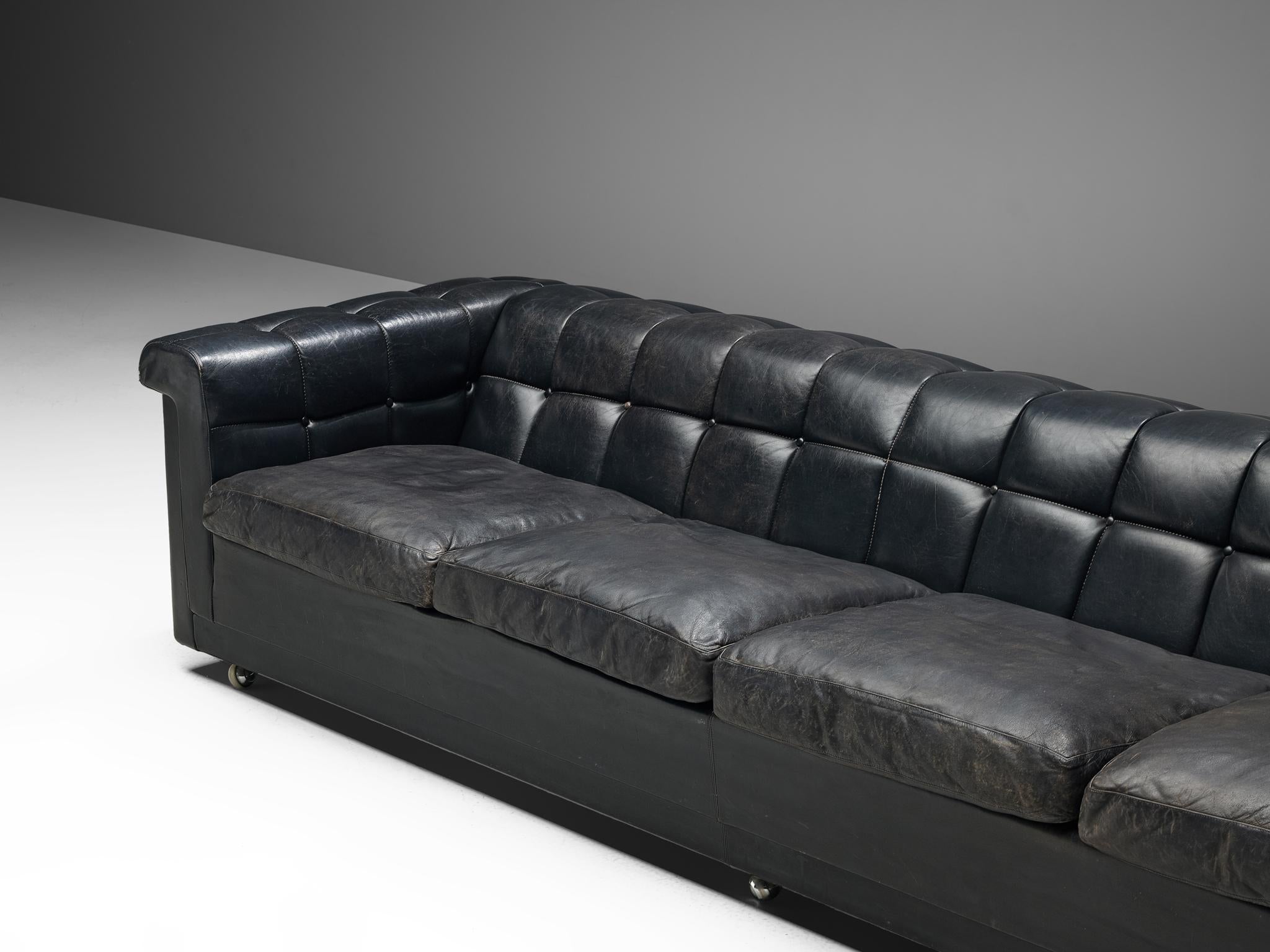 Late 20th Century Robert Haussmann Tufted Four-Seat Sofa in Black Leather