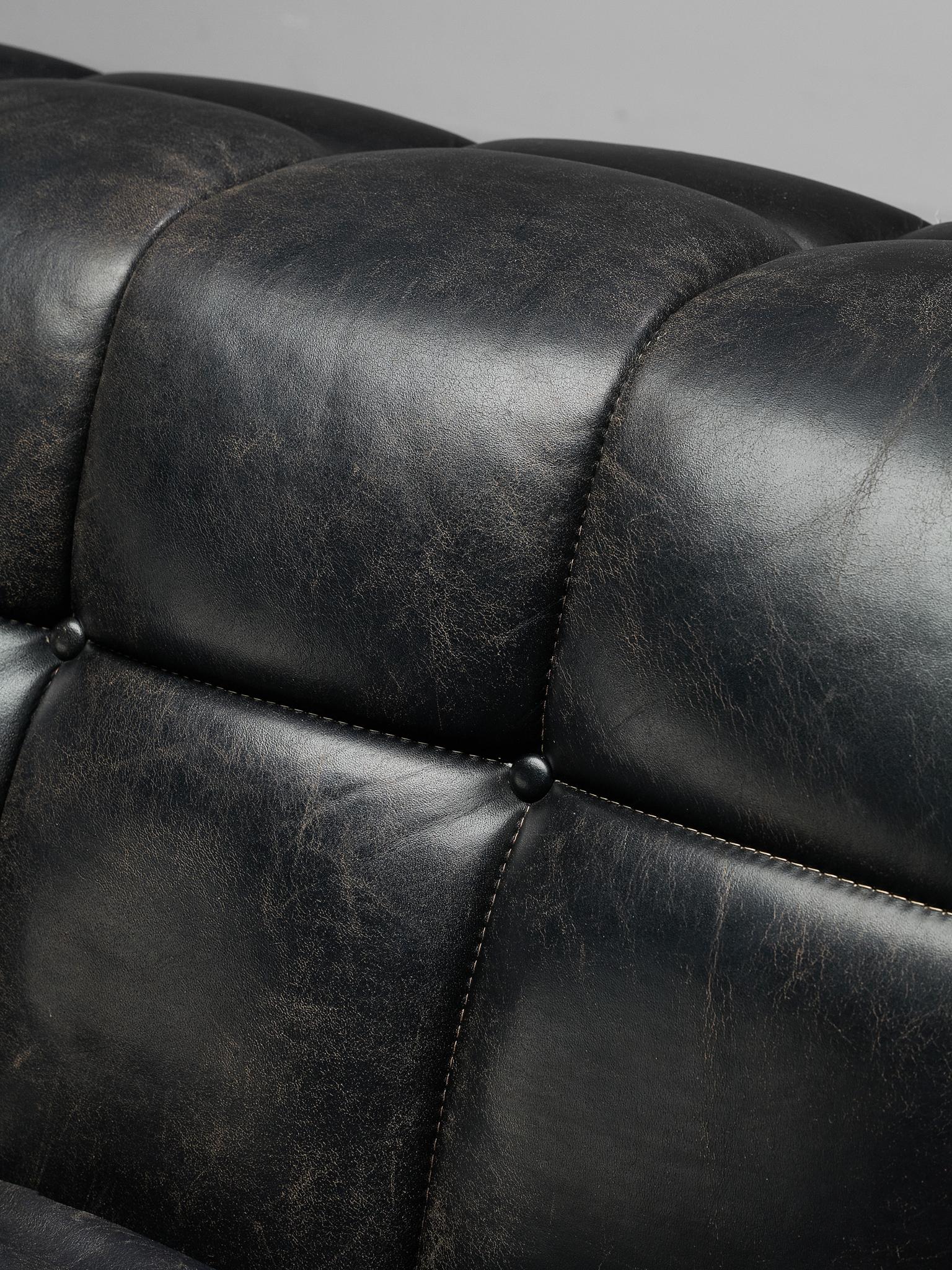 Robert Haussmann Tufted Four-Seat Sofa in Black Leather 1