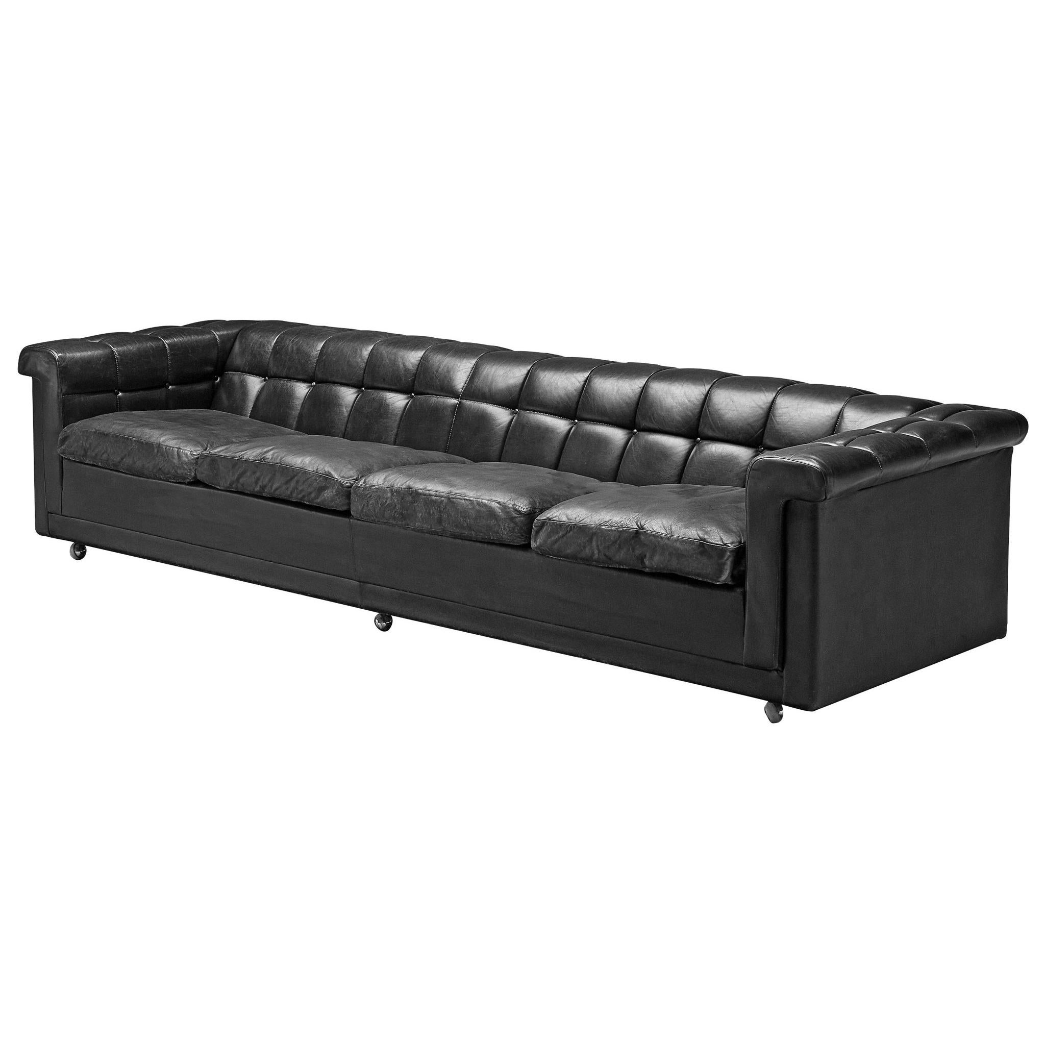 Robert Haussmann Tufted Four-Seat Sofa in Black Leather