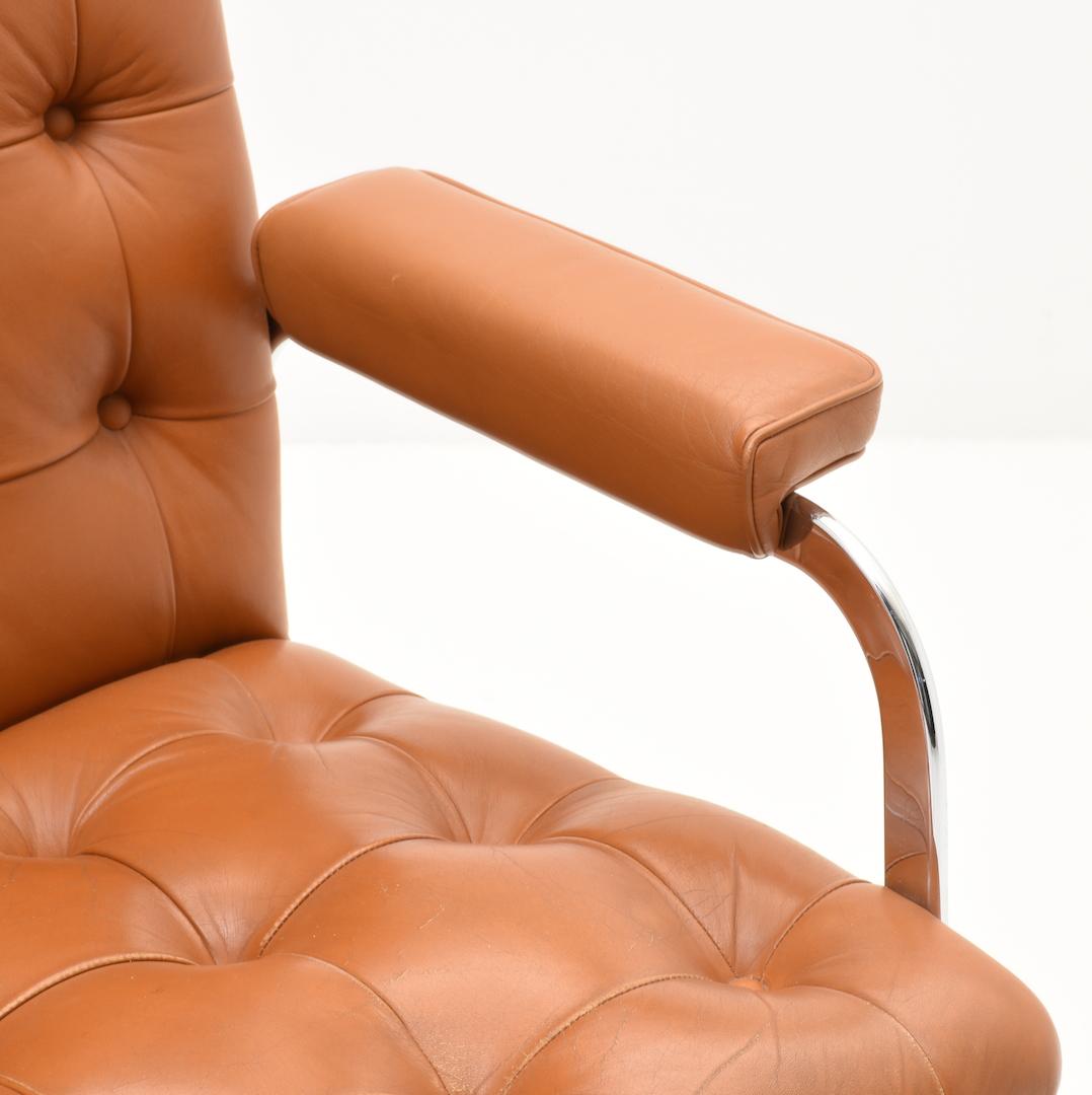 Plated Robert Haussmann Tufted Leather Office Chair Swiss Design 1960 Cognac Colored For Sale